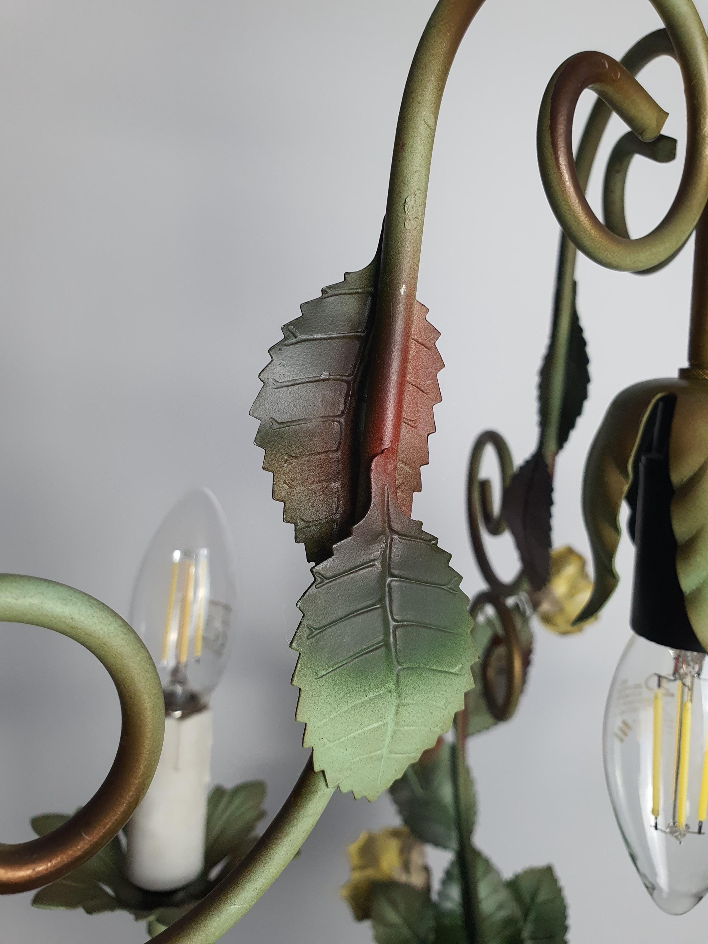 Ceiling canopy and central body detail, vintage green tole chandelier, patina visible