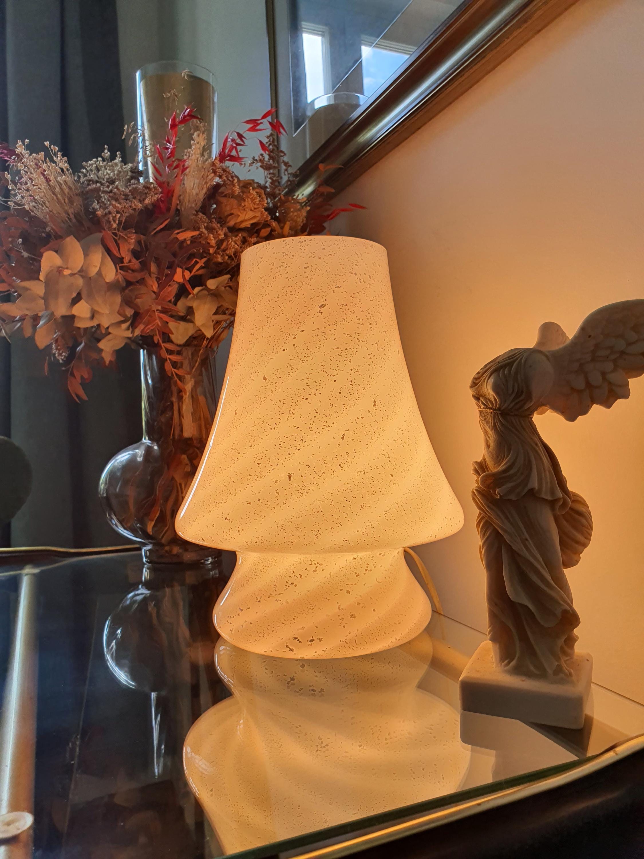 Murano Glass Mushroom Table Lamp: White Silver Swirl, MCM Nordic Bedside Light