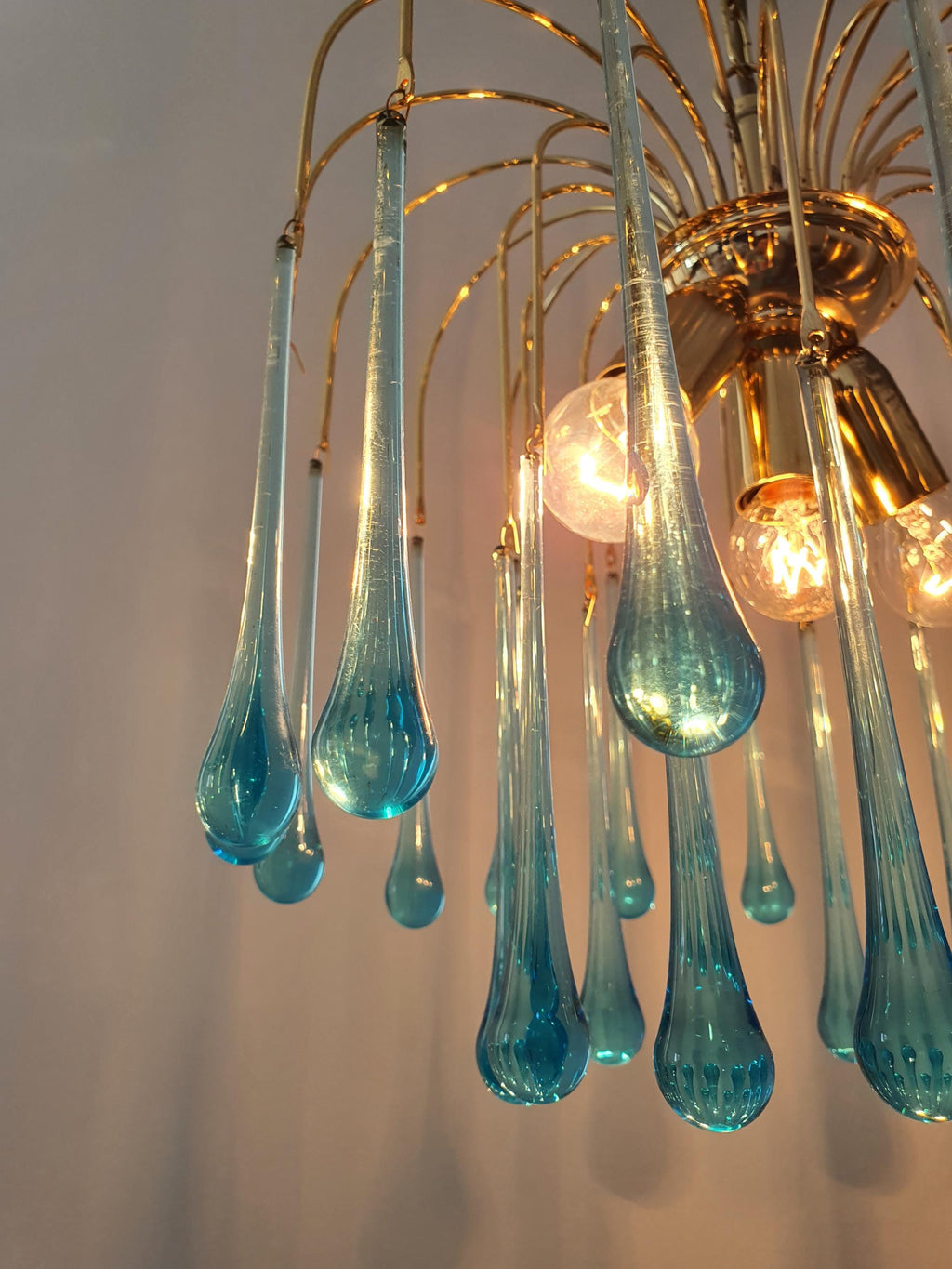 Murano Style Chandelier: Sky Blue Teardrops, Gold Cascade Light
