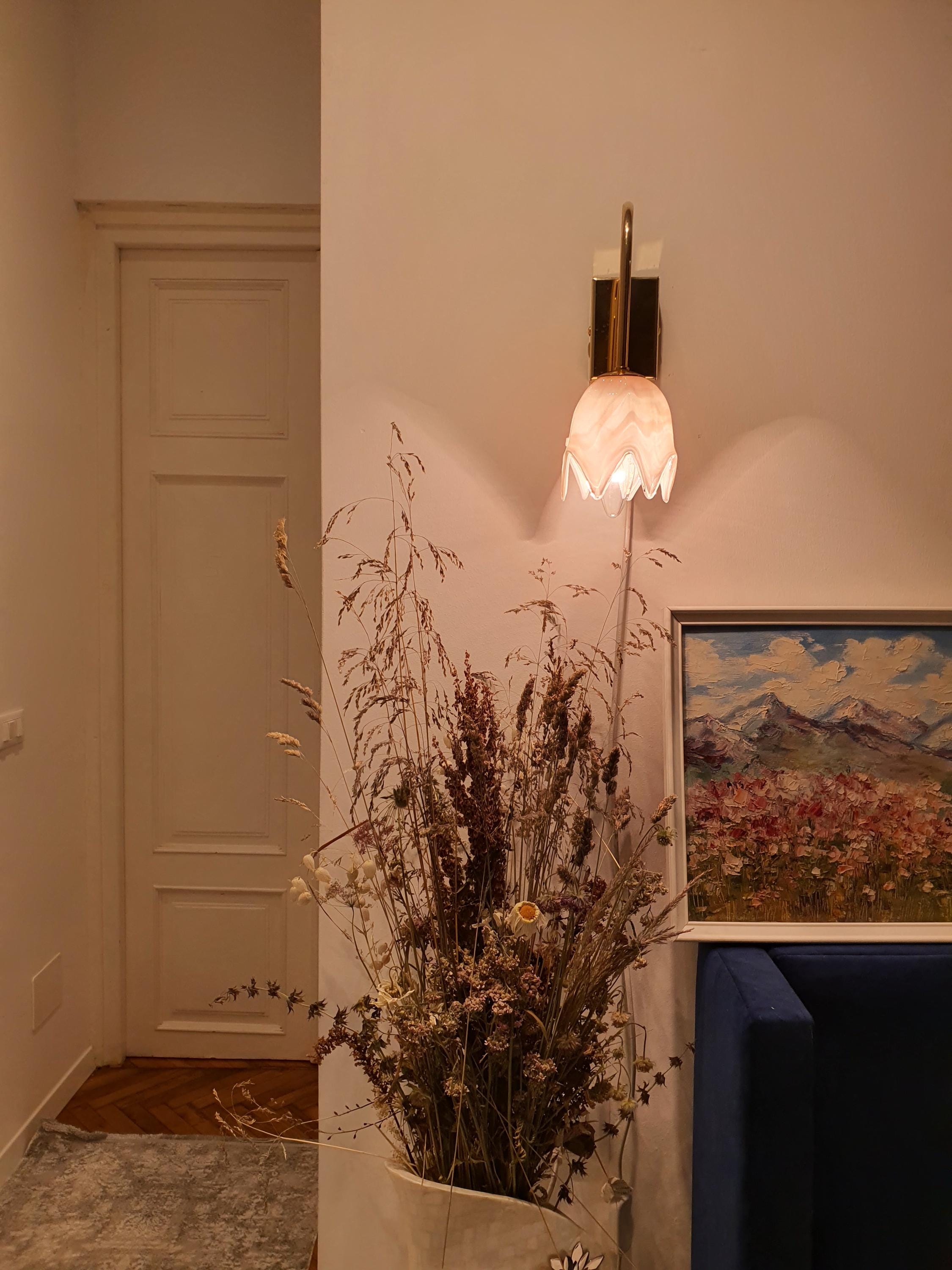 La Murrina Murano Glass Wall Sconce: Tulip Pink Floral Art Deco Lamp