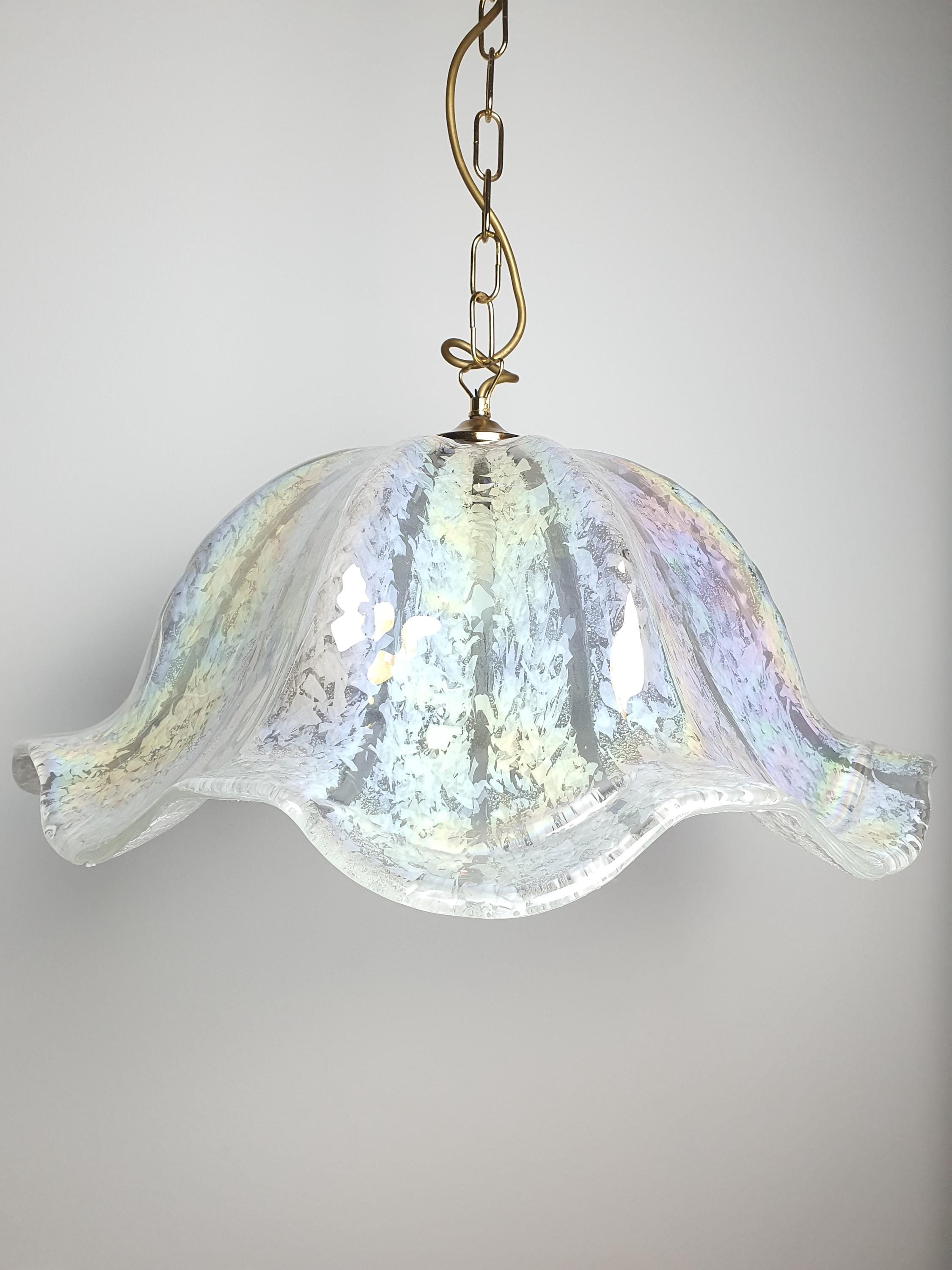 Vintage Murano Glass Iridescent Organic Pendant Light Fazzoletto Style