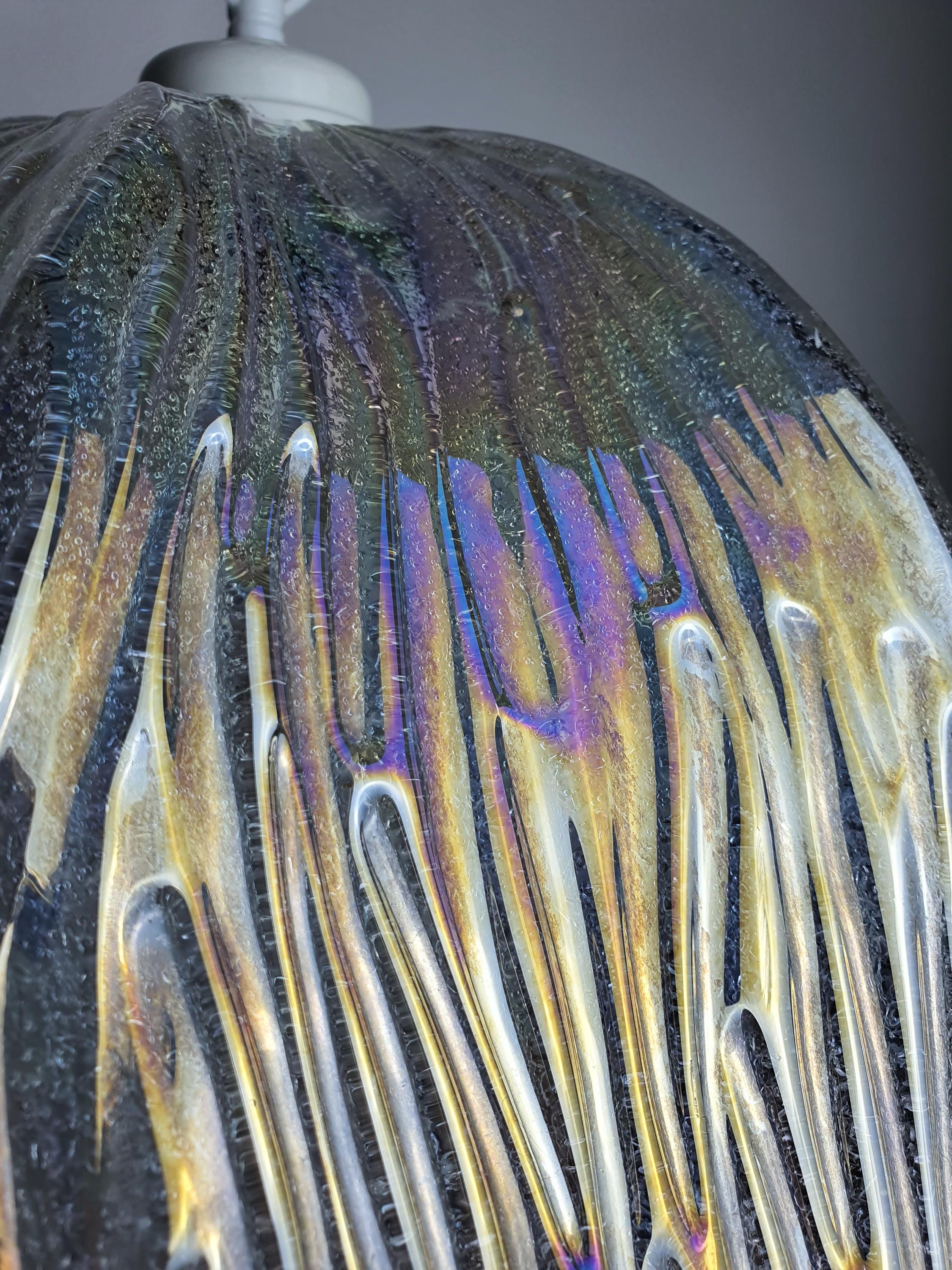 Murano glass tulip pendant front view, iridescent rainbow clear glass, flowing Fazzoletto silhouette, white chain