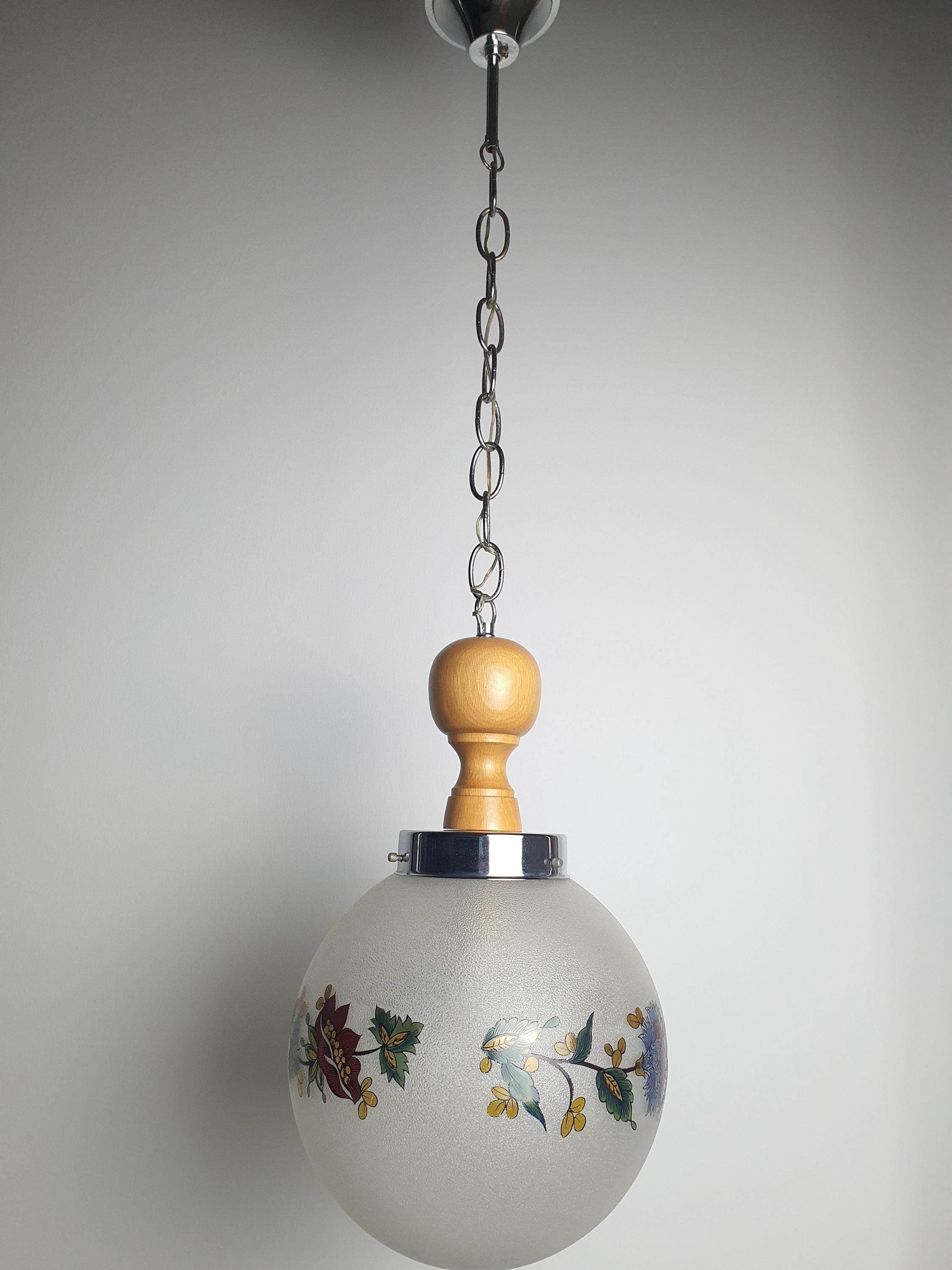 1950s Italian Vintage Globe Pendant Light Frosted Glass Floral Wooden Chrome Base
