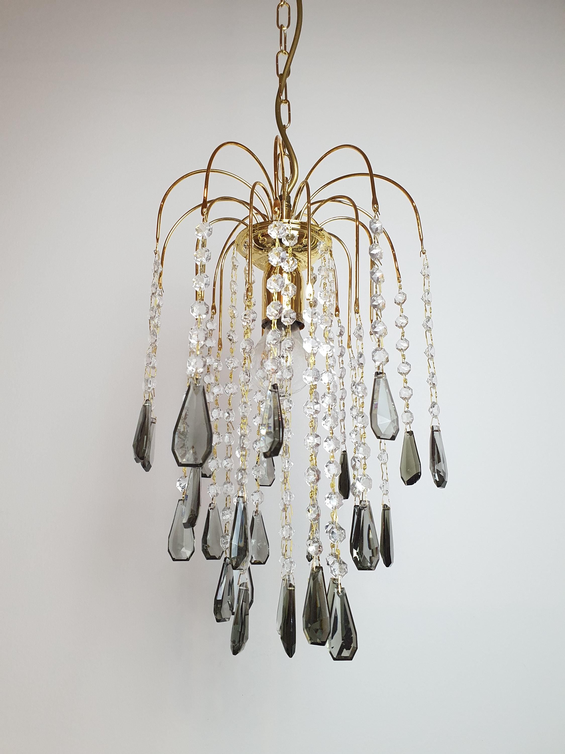 Vintage Waterfall Chandelier: Gray Teardrop Crystals, Hollywood Regency Lighting
