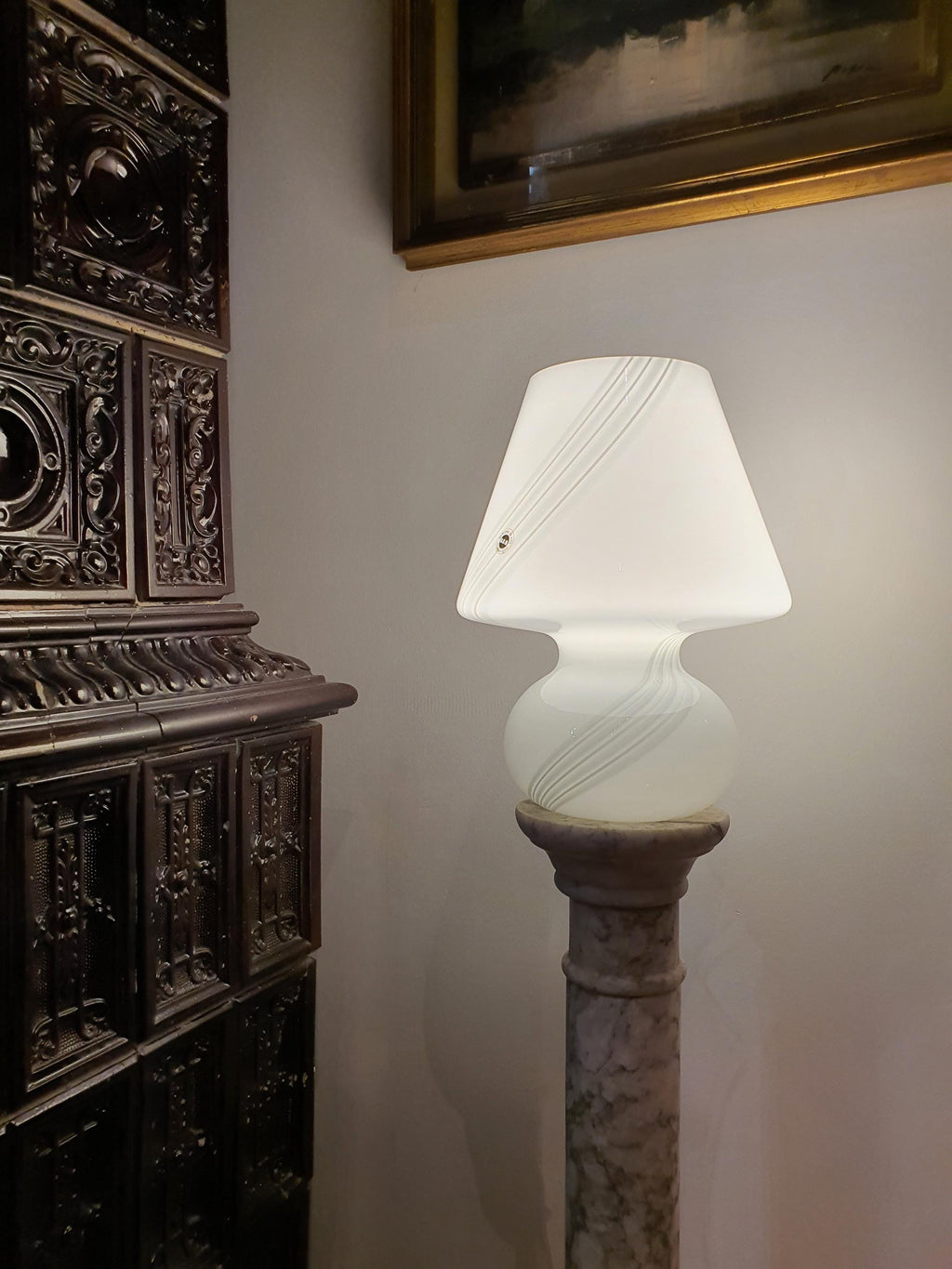 Murano Glass Mushroom Lamp: 1980s Mid Century Modern Swirl Bedside Light