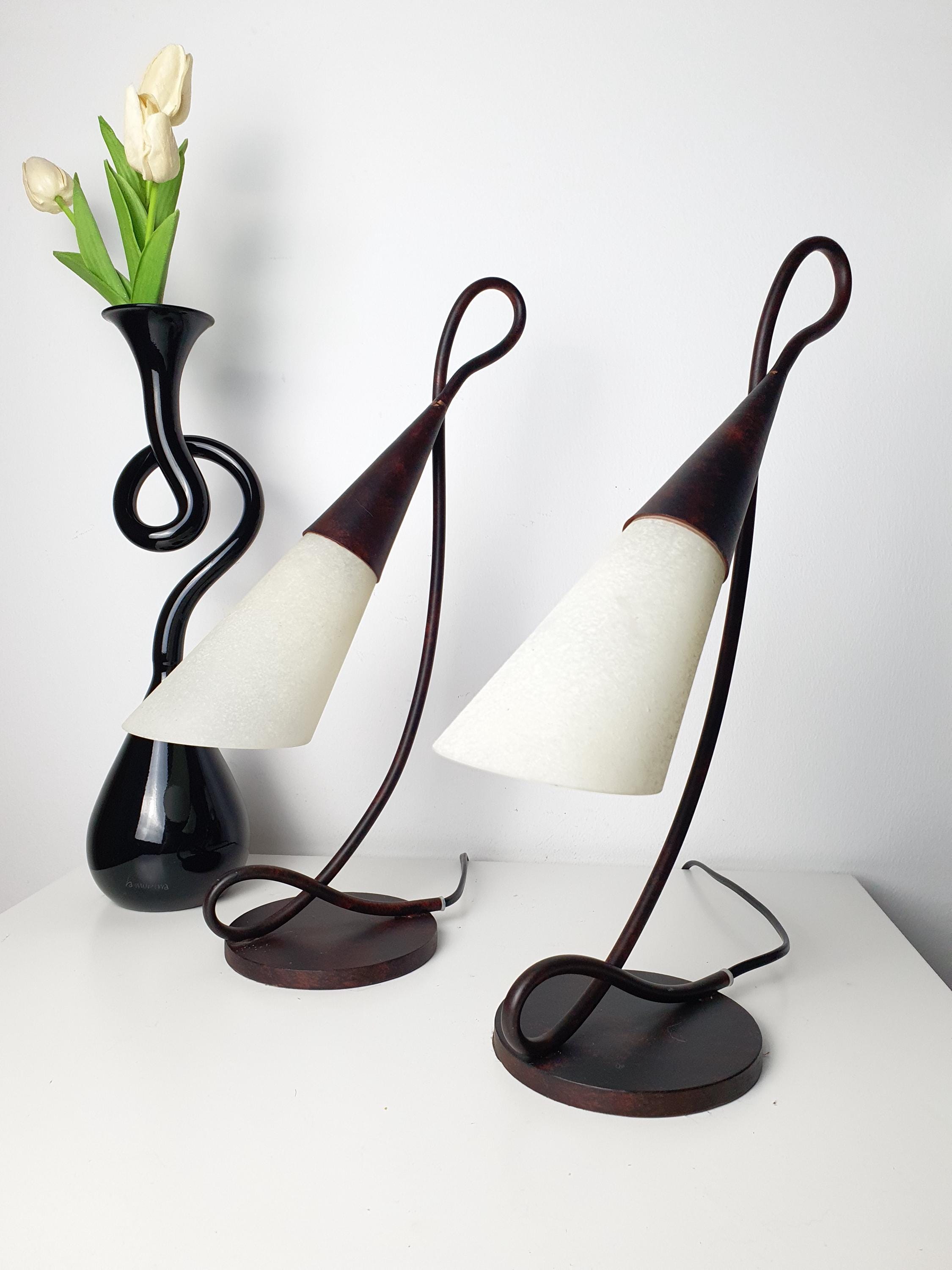 Pair of Terzani-Inspired Postmodern Murano Glass Bedside Lamps with Wrought Iron Bases