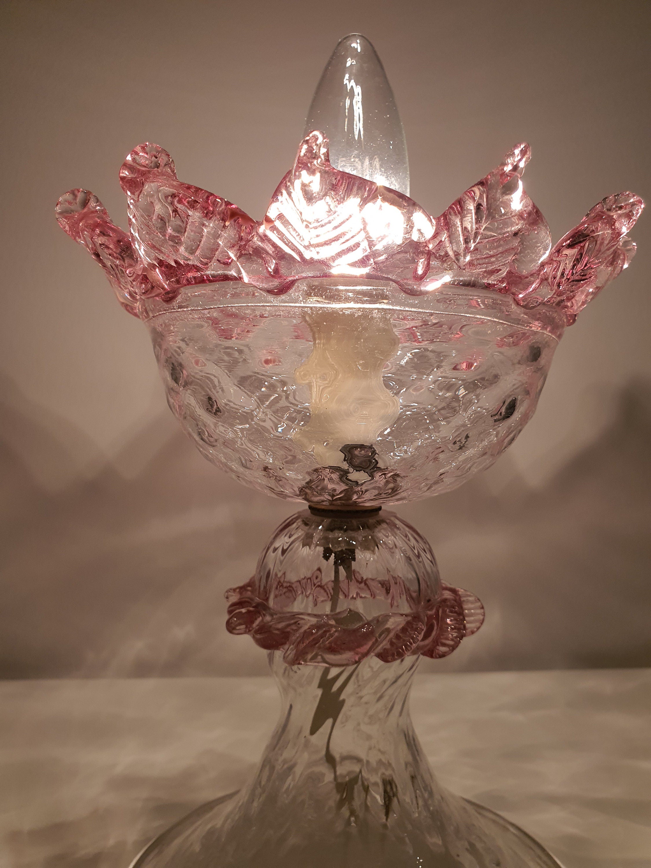 Vintage Murano Glass Tulip Table Lamp: Pink Floral Bedside Light