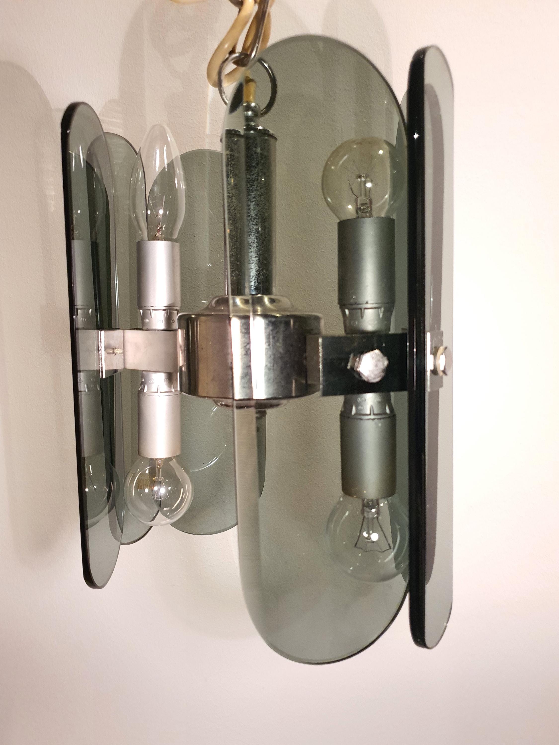 Veca Bottle Glass Chandelier: Mid-Century Modern Italian Chrome Lamp