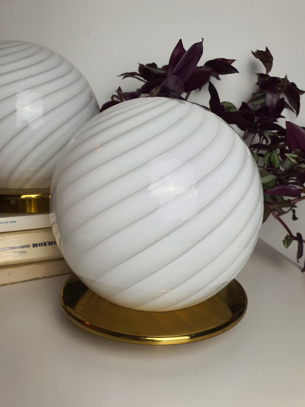 Murano Glass Table Lamps: White Swirl Globe, Brass Base, Mid-Century Modern
