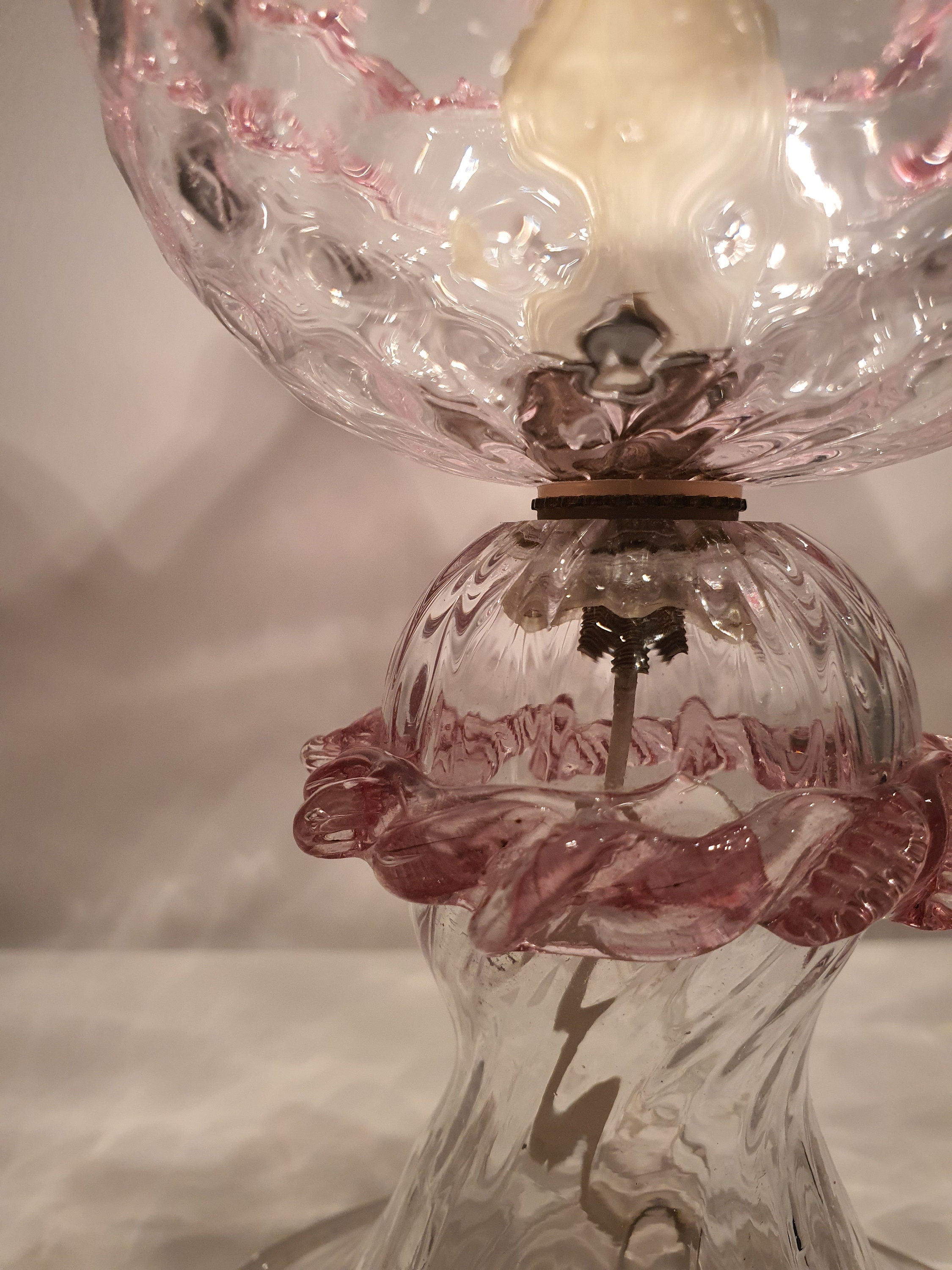 Vintage Murano Glass Tulip Table Lamp: Pink Floral Bedside Light