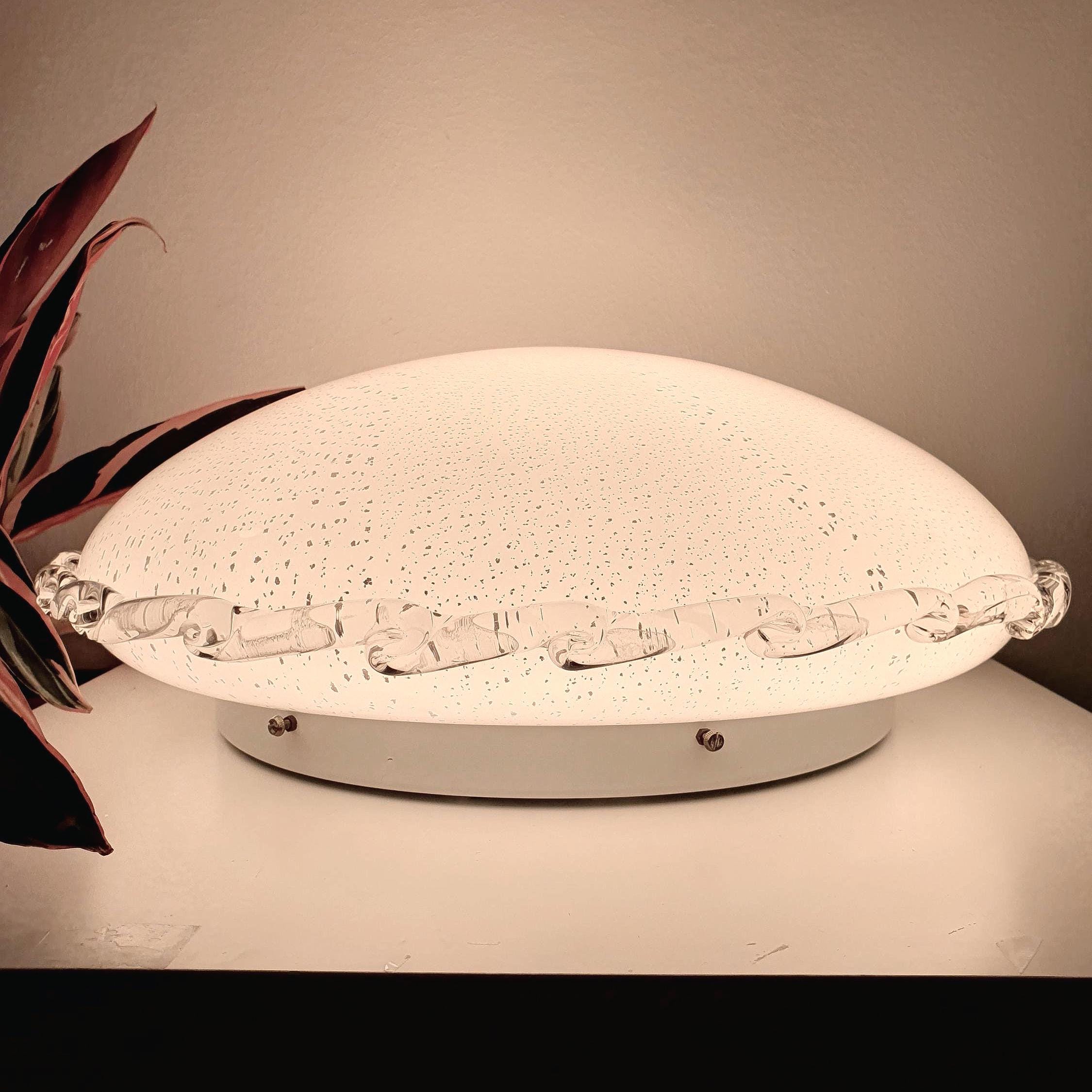 XL Murano Glass Flush Mount Lamp: White & Silver MCM Italian Light
