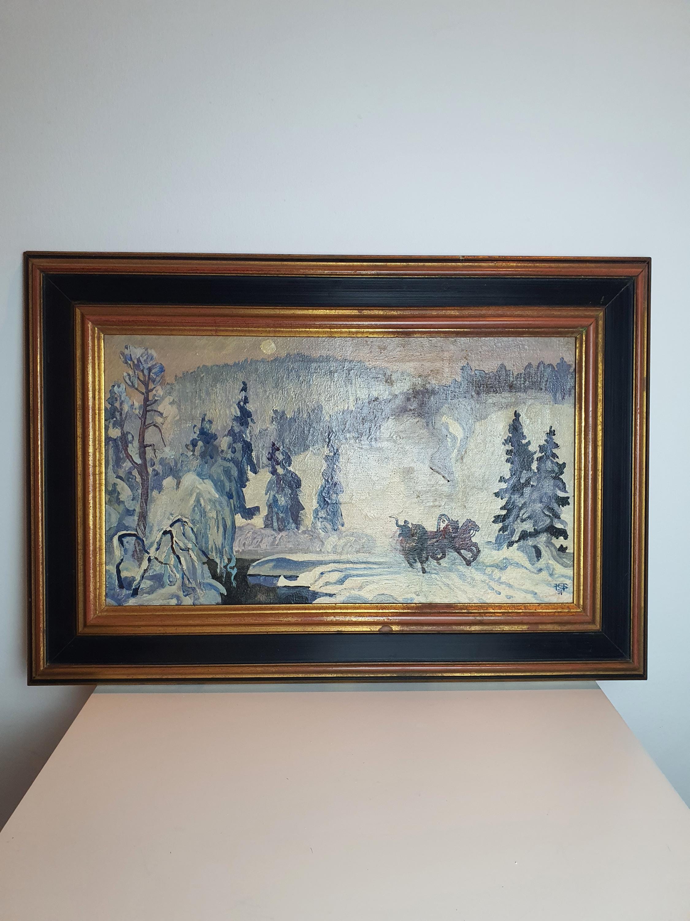 Russian Troika Winter Landscape - Original Oil Painting framed signed by Gennady Neupokoev (1991) | Soviet Vintage Art | Siberian Snow Scene