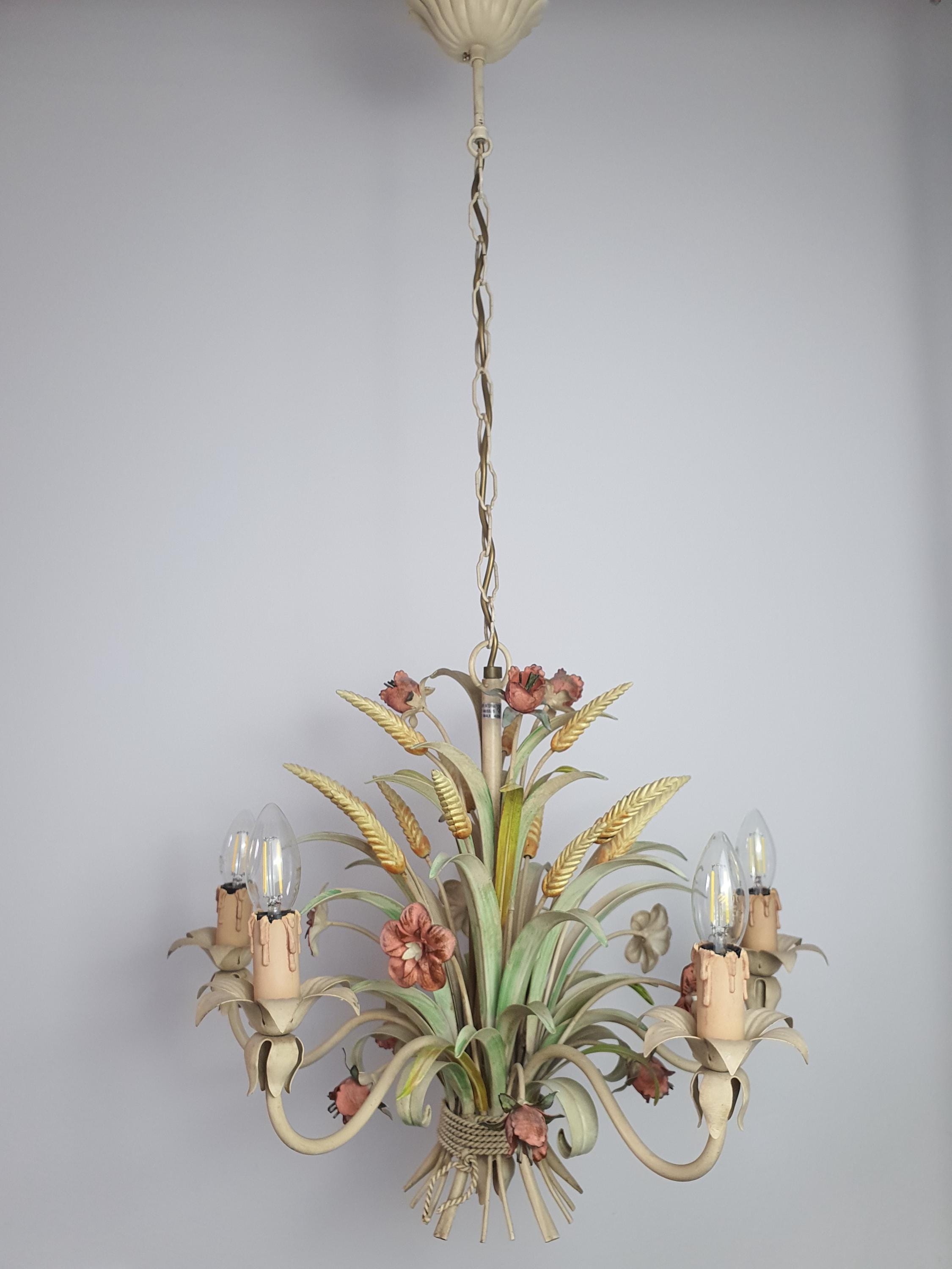 Handcrafted Italian tole chandelier — green foliage and red poppy detail, side profile