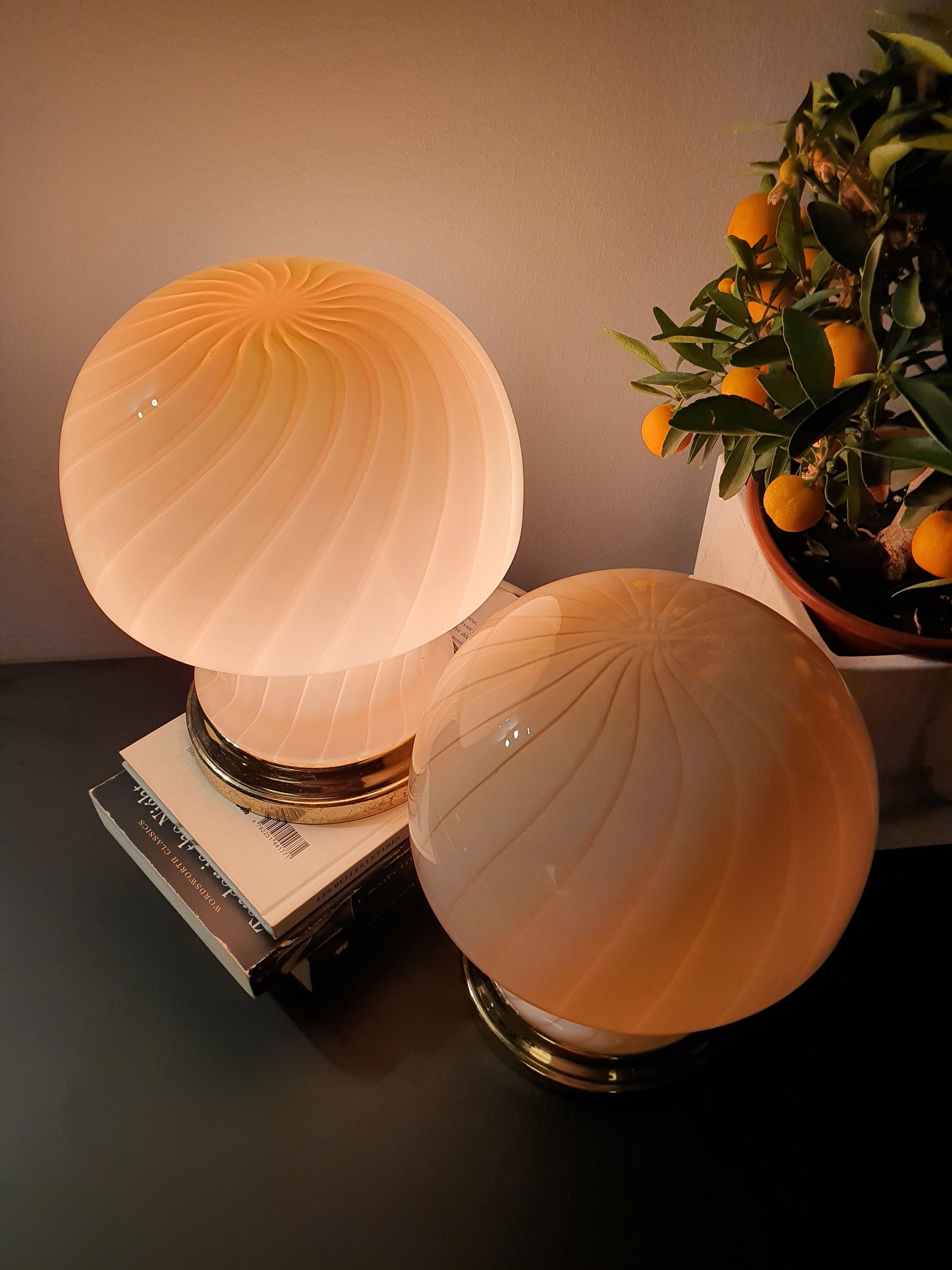 Vintage Murano Glass Mushroom Lamps: Peach Pink Atomic Table Lamps, 1970s MCM