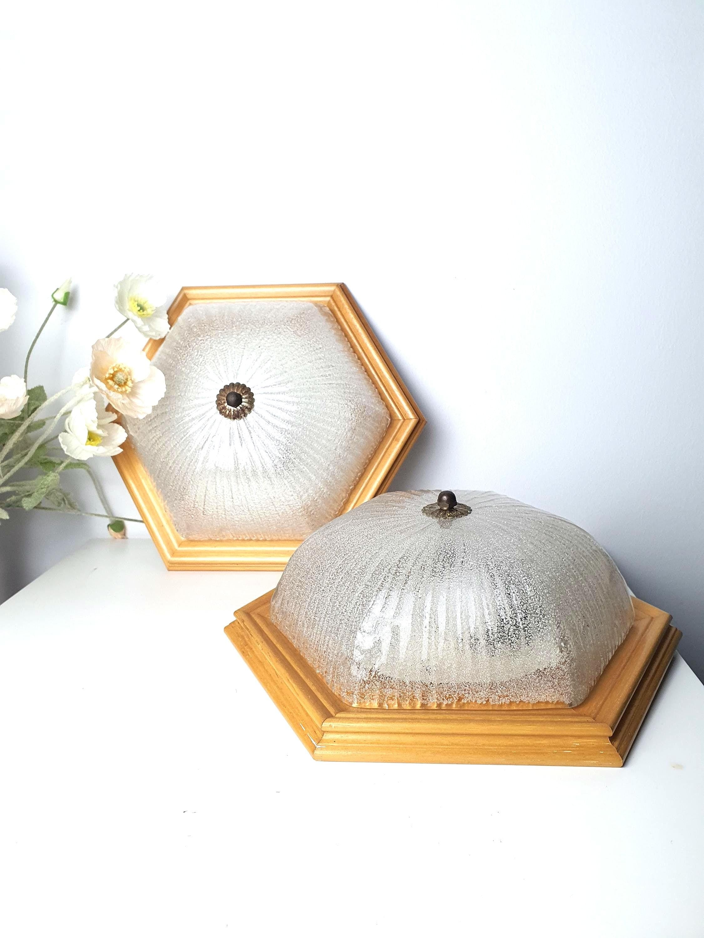Vintage frosted glass flush mount light wooden frame MCM pair