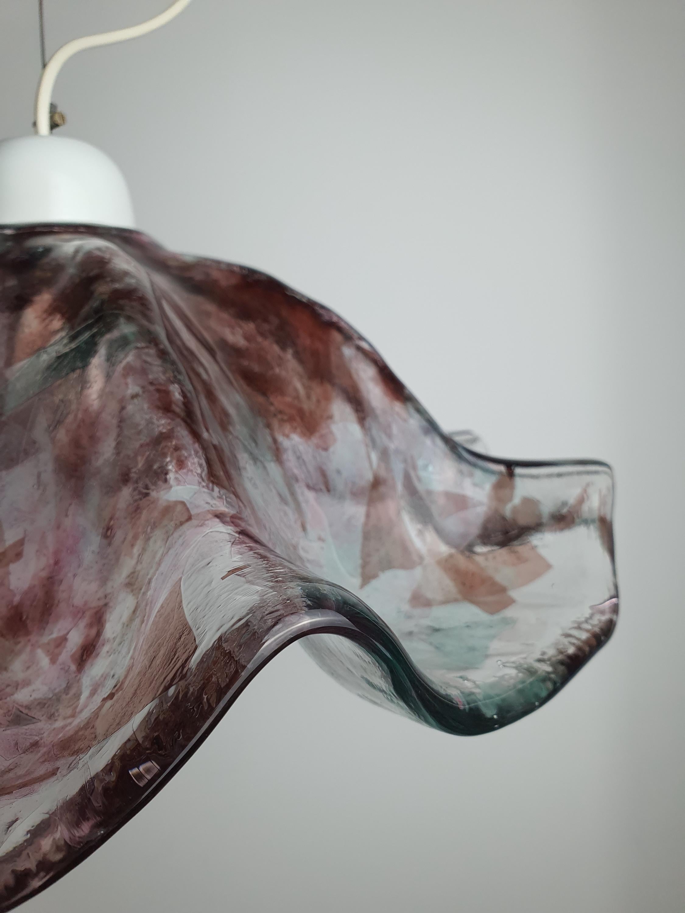 Vintage Colorful Murano Glass Pendant Light | Organic Tulip Shape with Green & Purple Accents