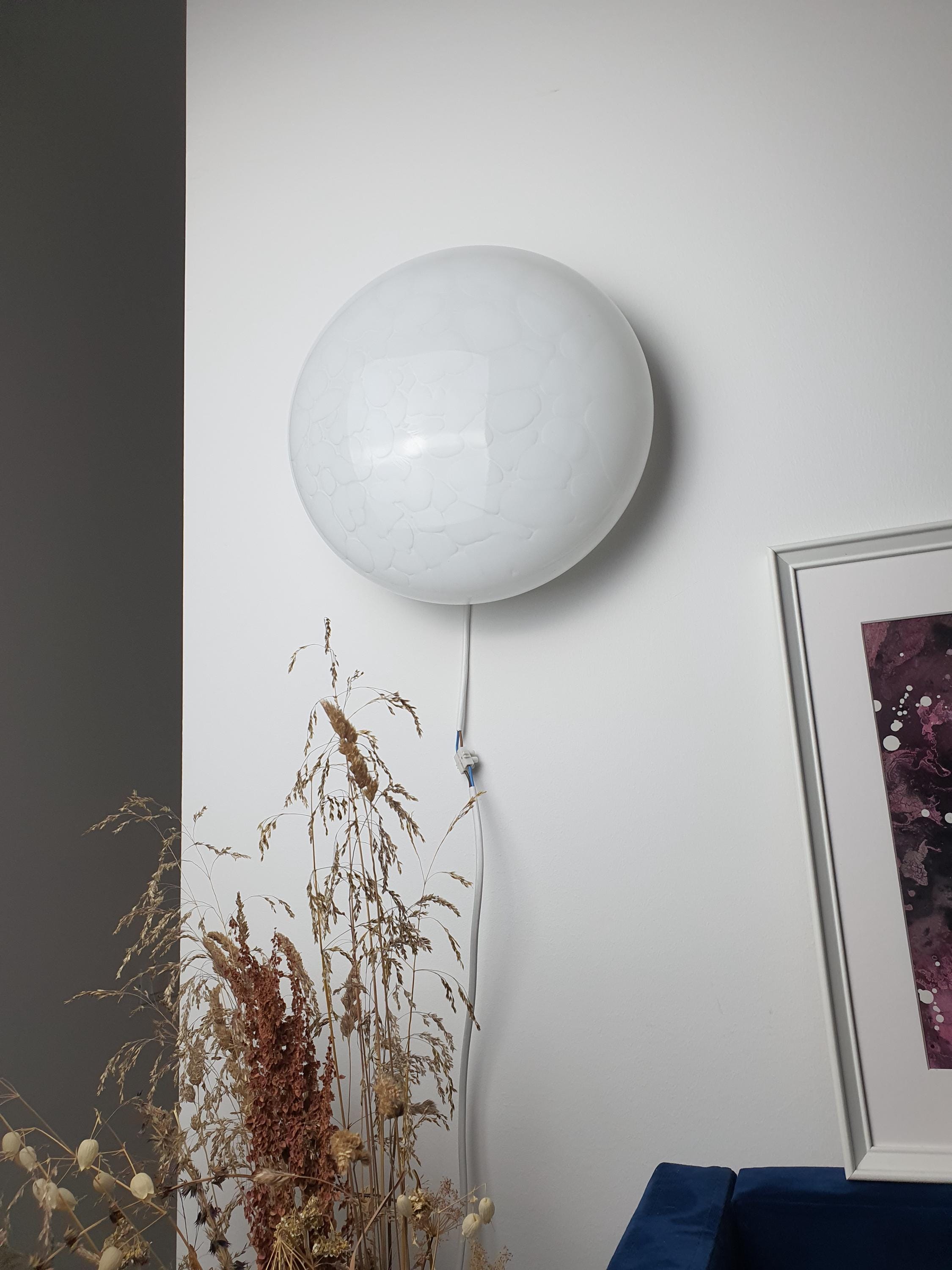 Murano glass flush mount front view, layered clear and white glass with irregular white spots, minimalist form