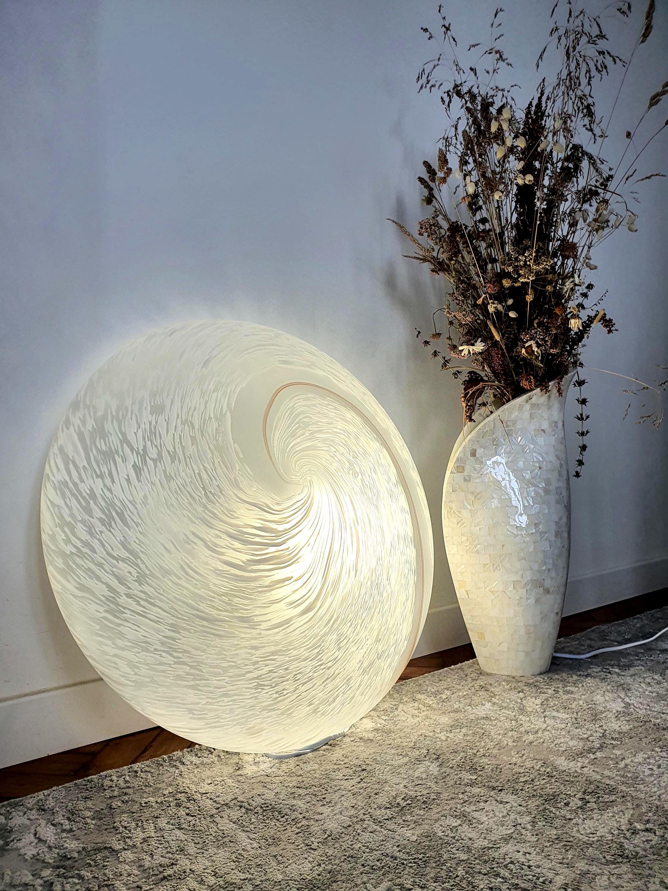 XL Vintage Murano Glass Flush Mount Light: White Brown Swirl, Mid-Century Modern
