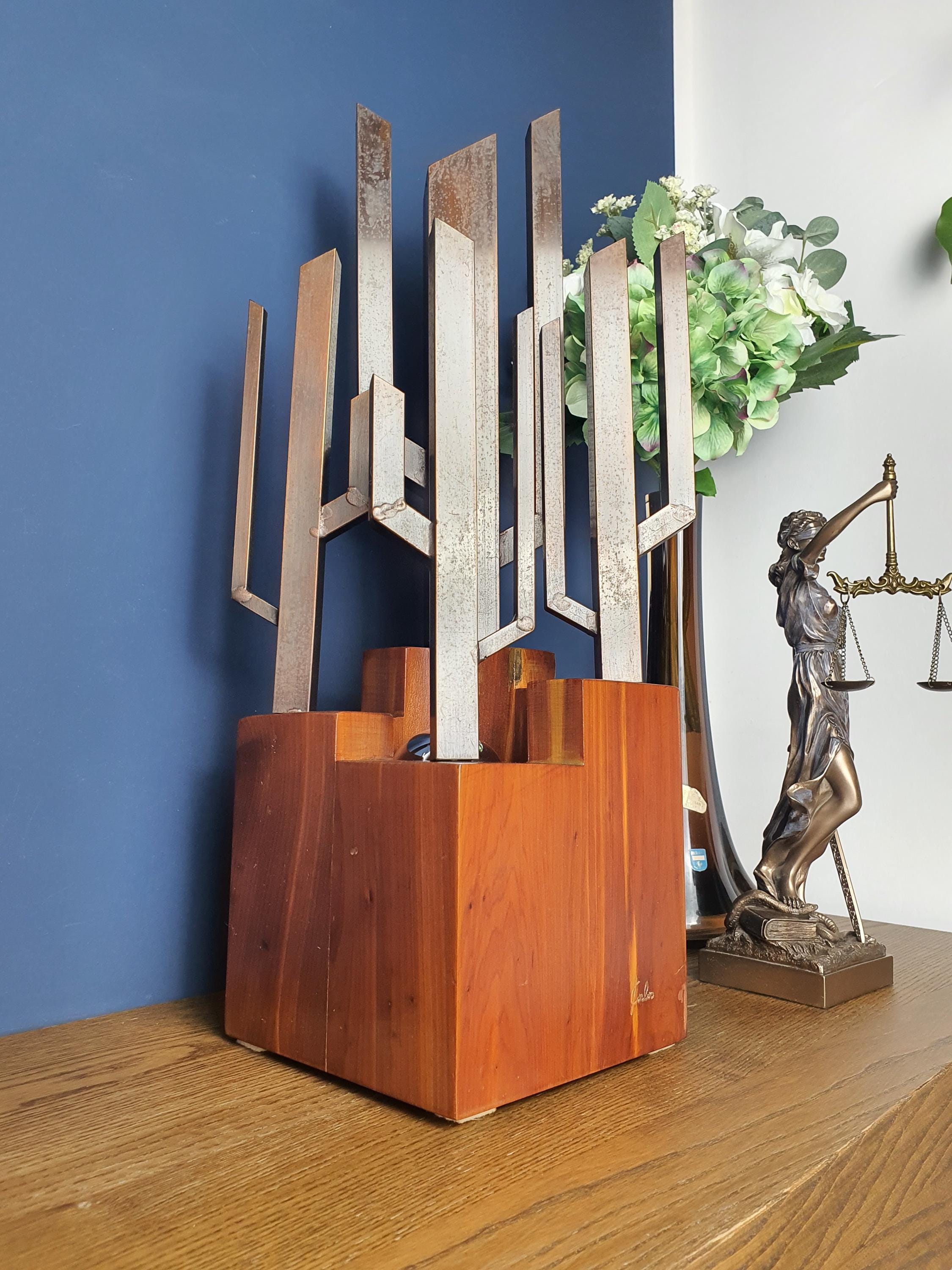 Natural wood patina and dark metal wear detail, signed Carlo vintage Brutalist table lamp, Italy 1970s
