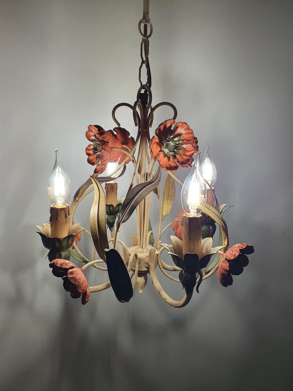 Vintage Italian tole chandelier side profile, showing 38cm height and 38cm diameter, red poppy flowers and green botanical detail
