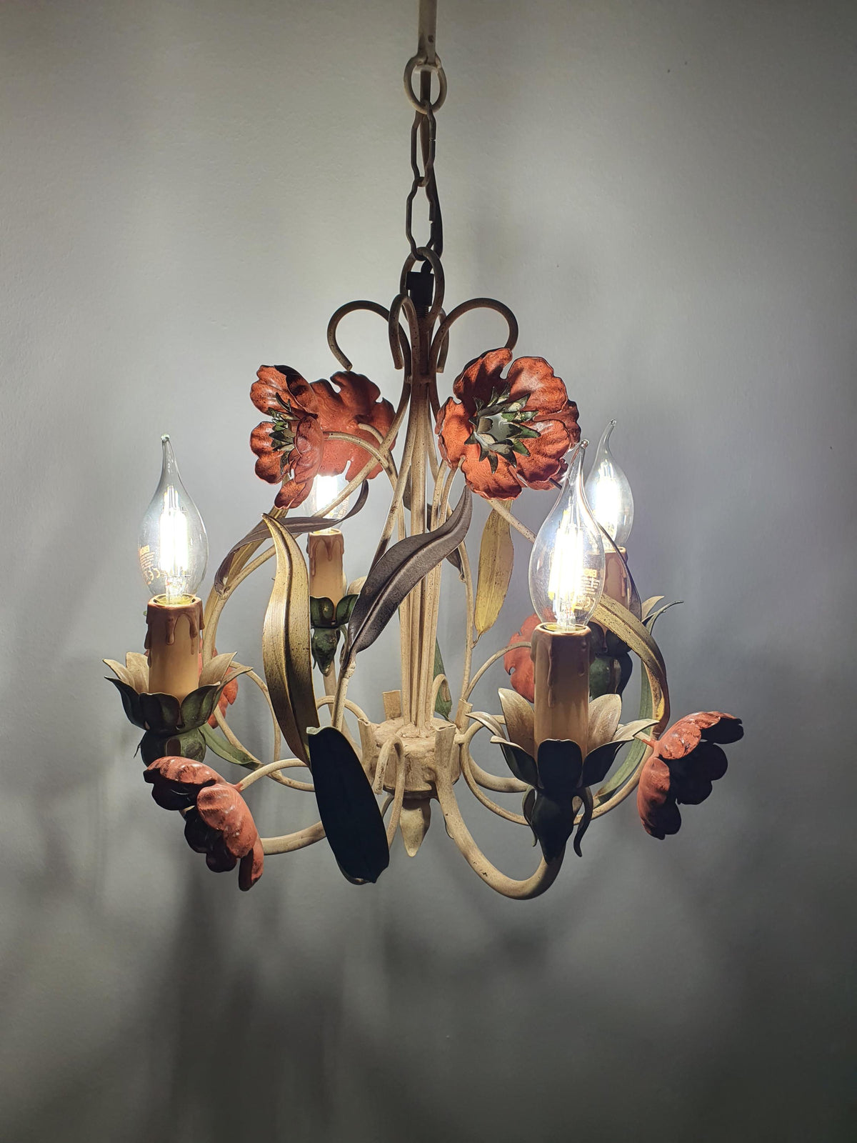 Vintage Italian tole chandelier side profile, showing 38cm height and 38cm diameter, red poppy flowers and green botanical detail