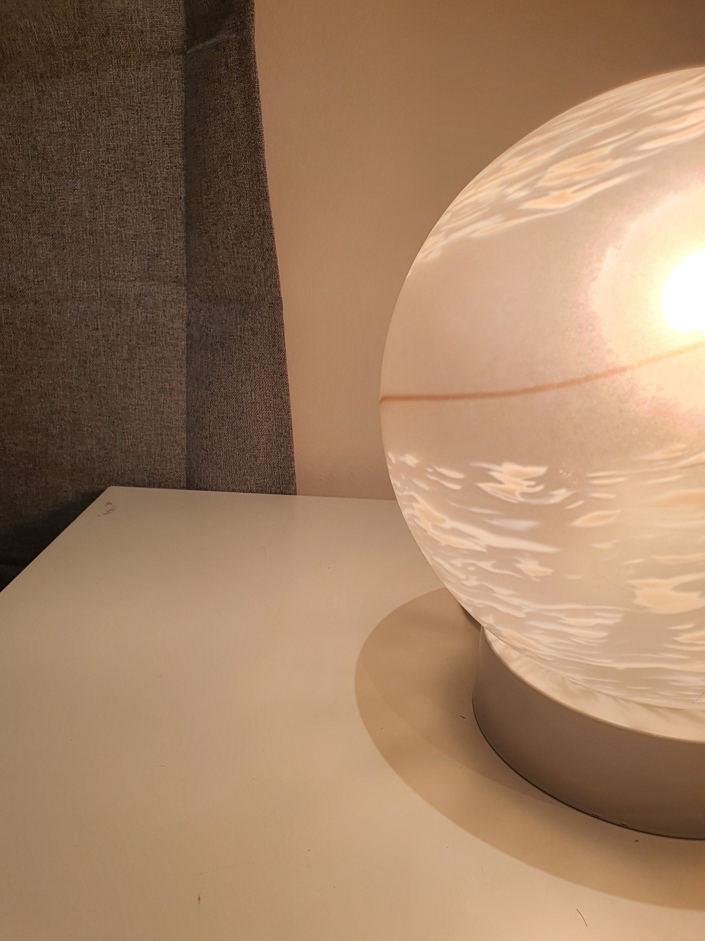 Vintage Murano Glass Table Lamp: White Swirl Globe, Mid-Century Modern Italian Bedside Light