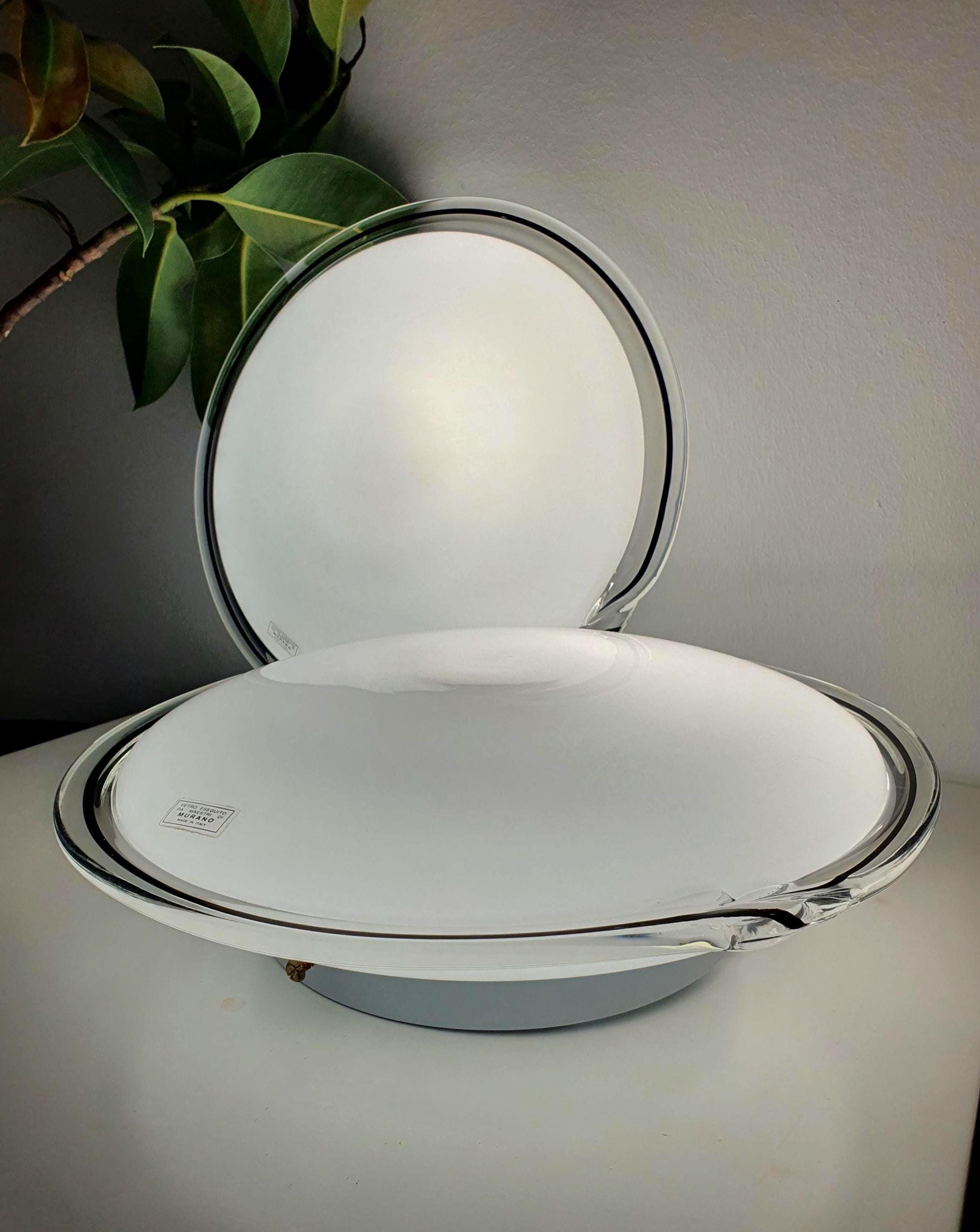 Pair of Murano glass flush mount lights with clear rim and black line – Italian mid-century modern ceiling or wall lamps.
