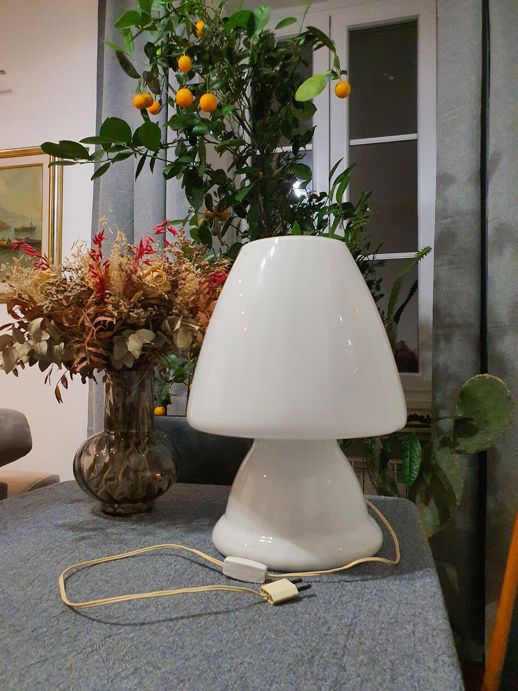 XXL Murano Glass Mushroom Lamp: White Swirl, Mid-Century Modern