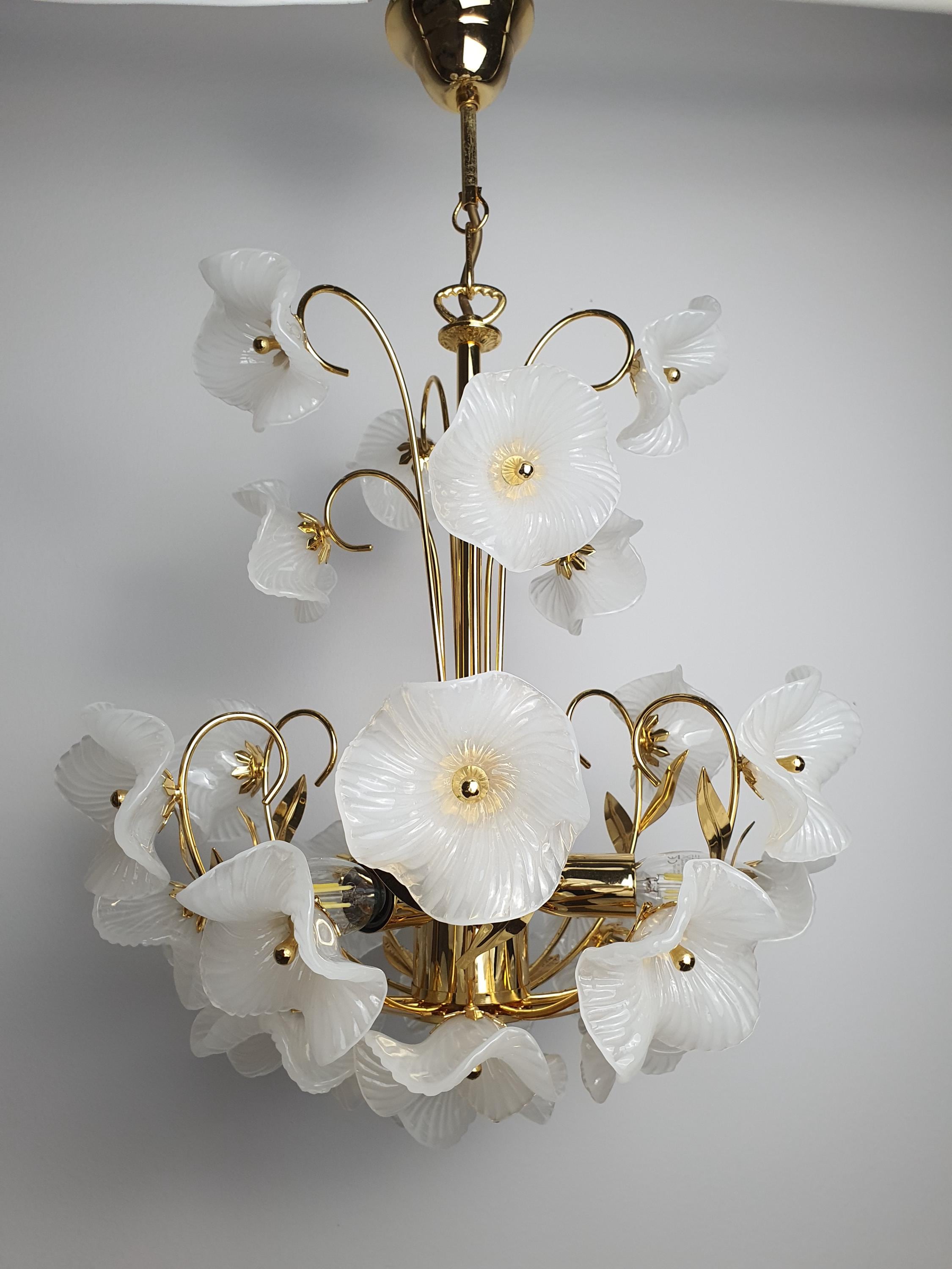 Vintage Murano white flower bouquet chandelier front view, ribbed semi-transparent white glass petals, gold-toned metal frame
