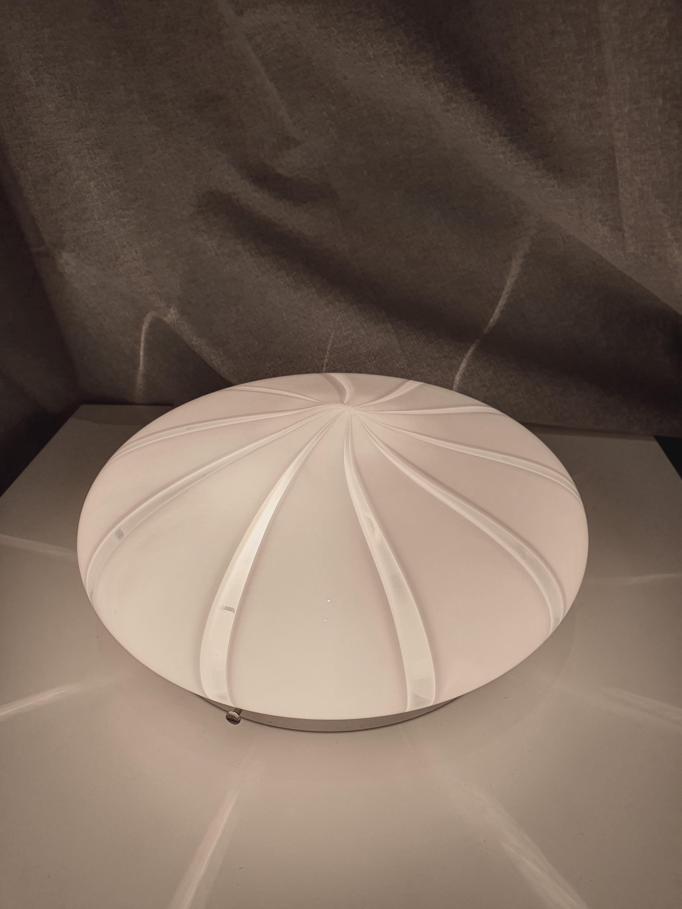 Vintage Murano Glass Flush Mount Light: White Swirl MCM Retro Lamp