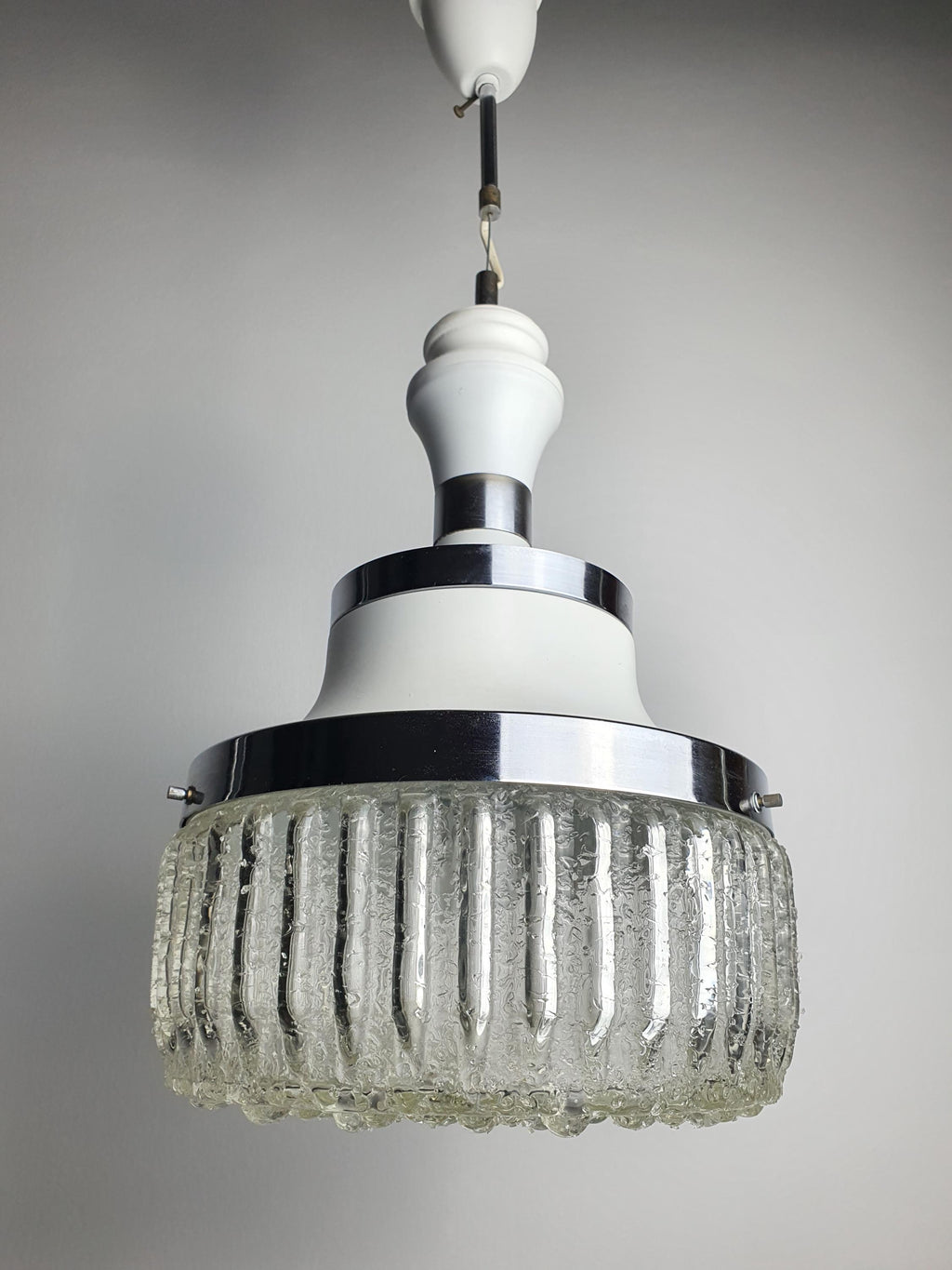Vintage 1970s Italian handcrafted bubbled glass pendant light — white chrome and wood, front view
