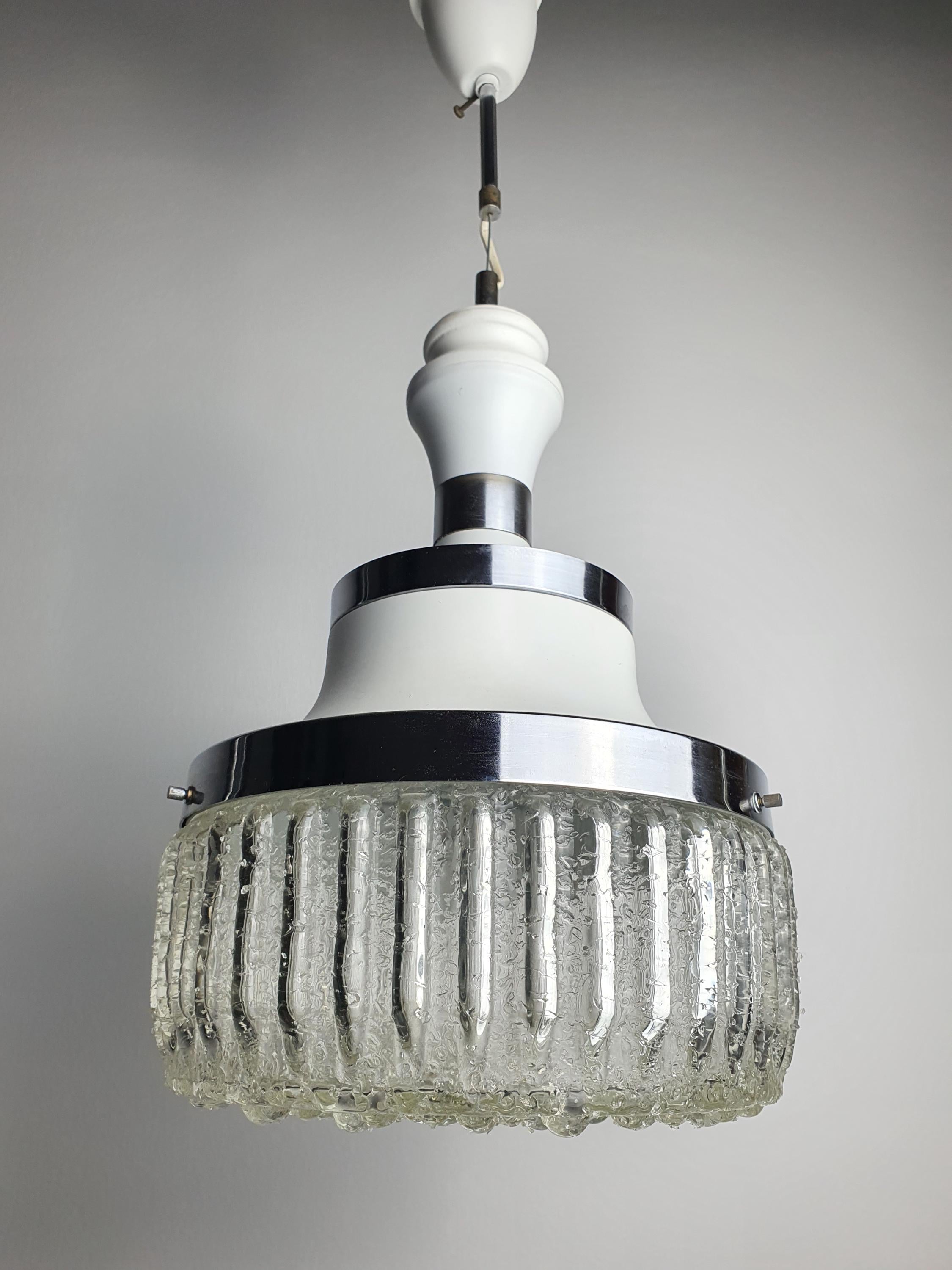 Vintage 1970s Italian handcrafted bubbled glass pendant light — white chrome and wood, front view