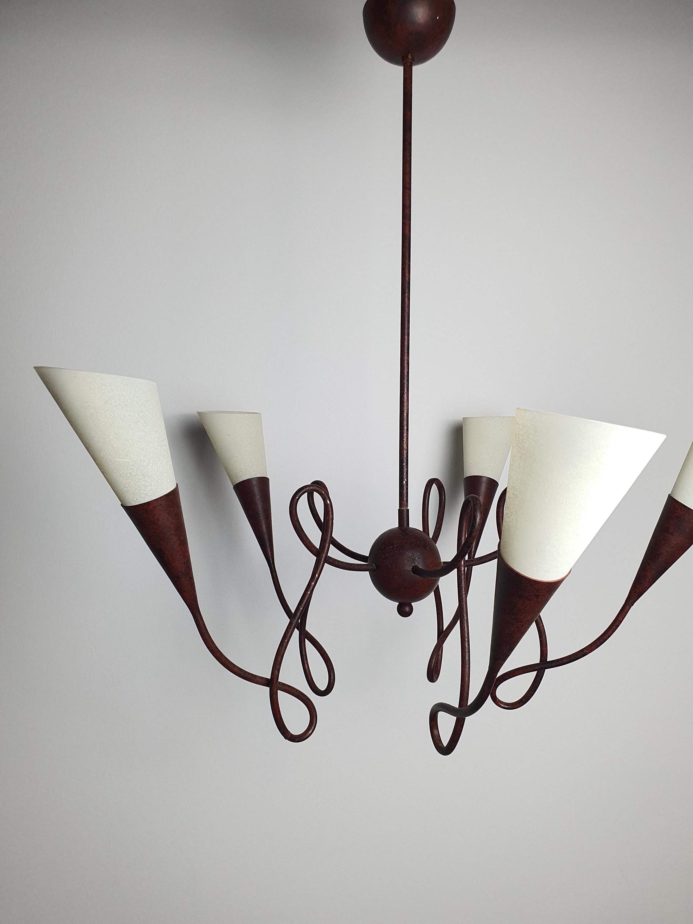 Postmodern Terzani Style 5 Arm Wrought Iron Chandelier Murano Glass Cones