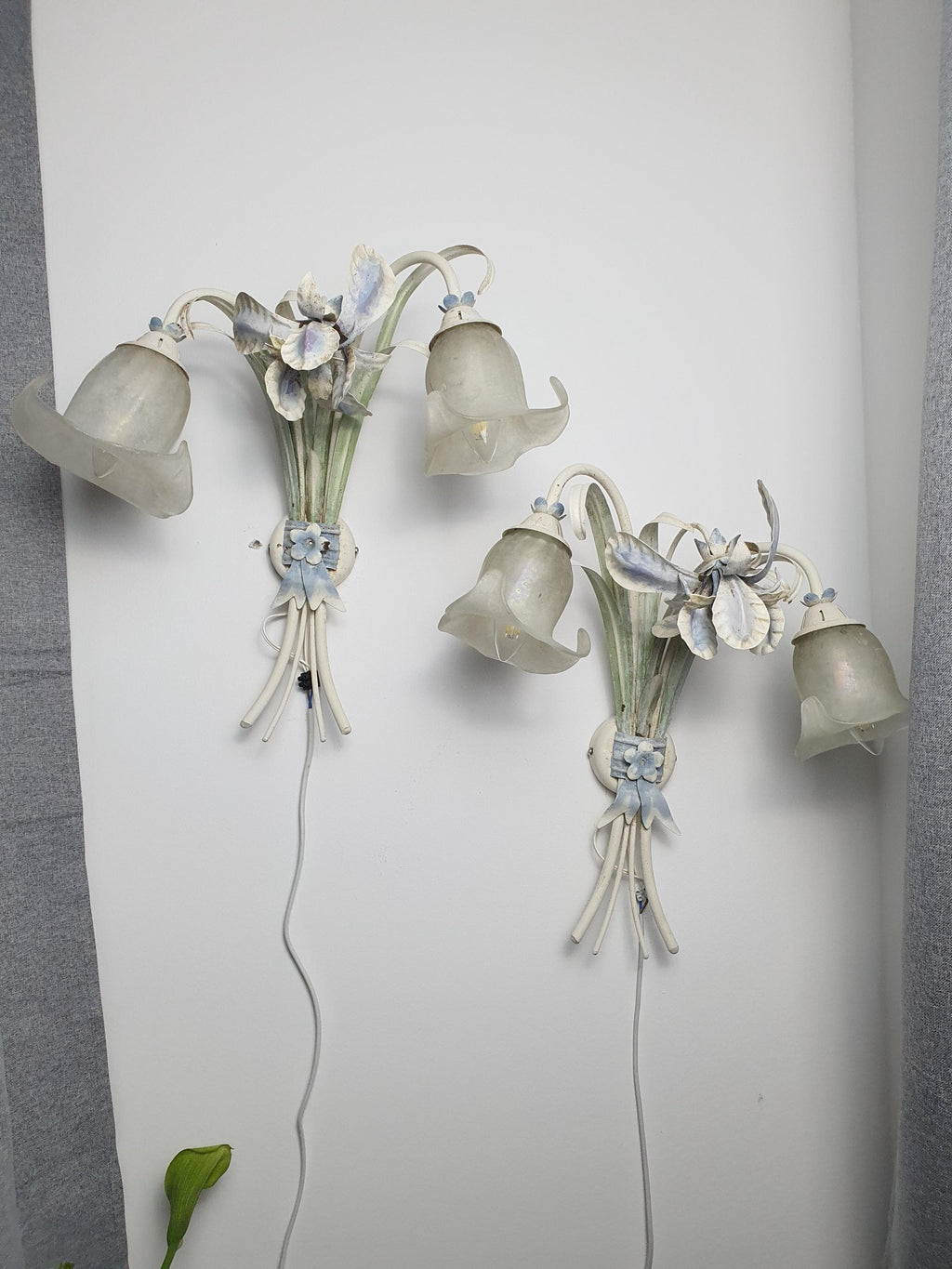 Pair of vintage Italian toleware wall sconces — iris bouquet floral motif, beige green blue, front view