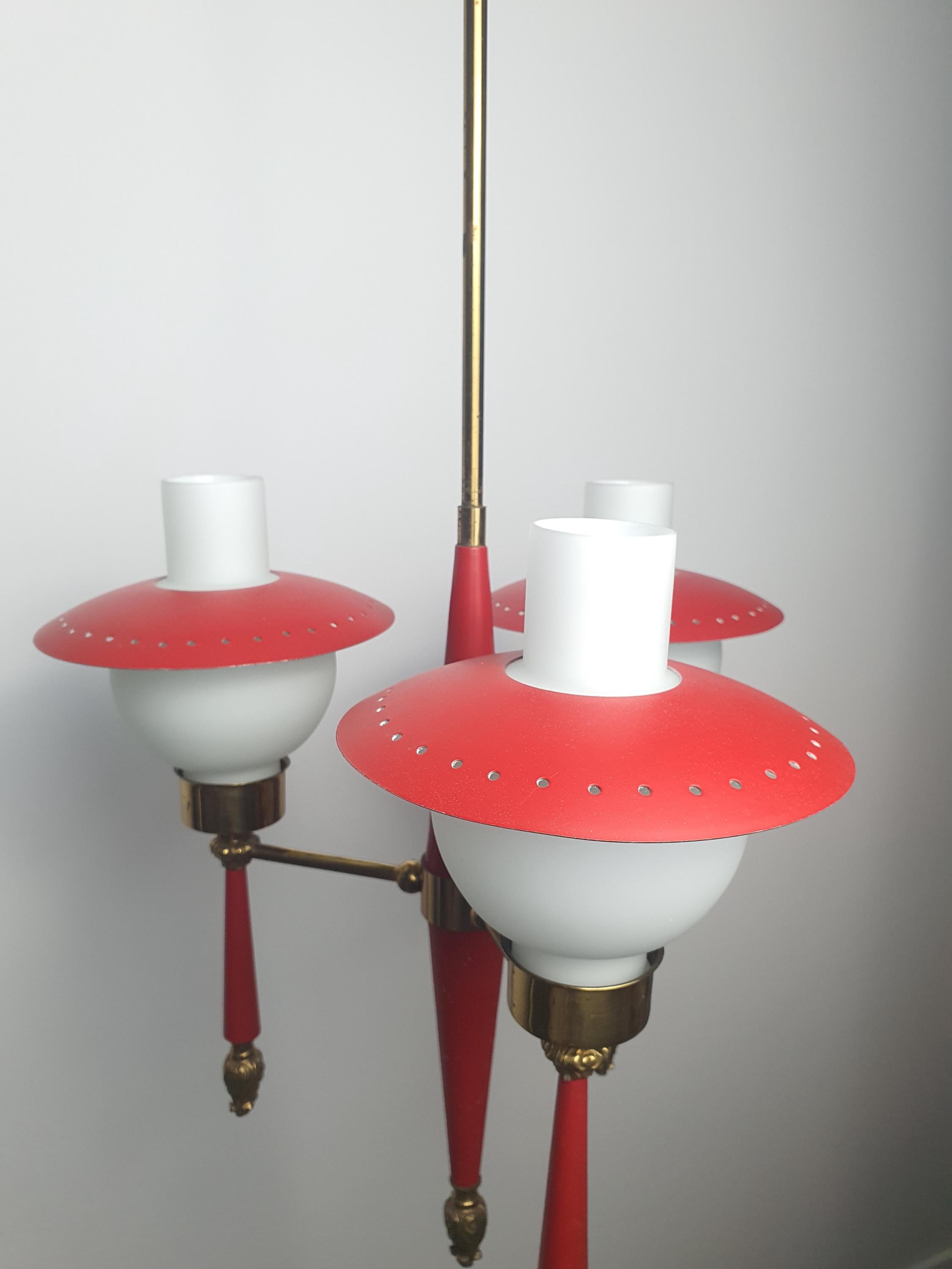 Stilnovo style Italian brass chandelier — full view showing three arms and proportions