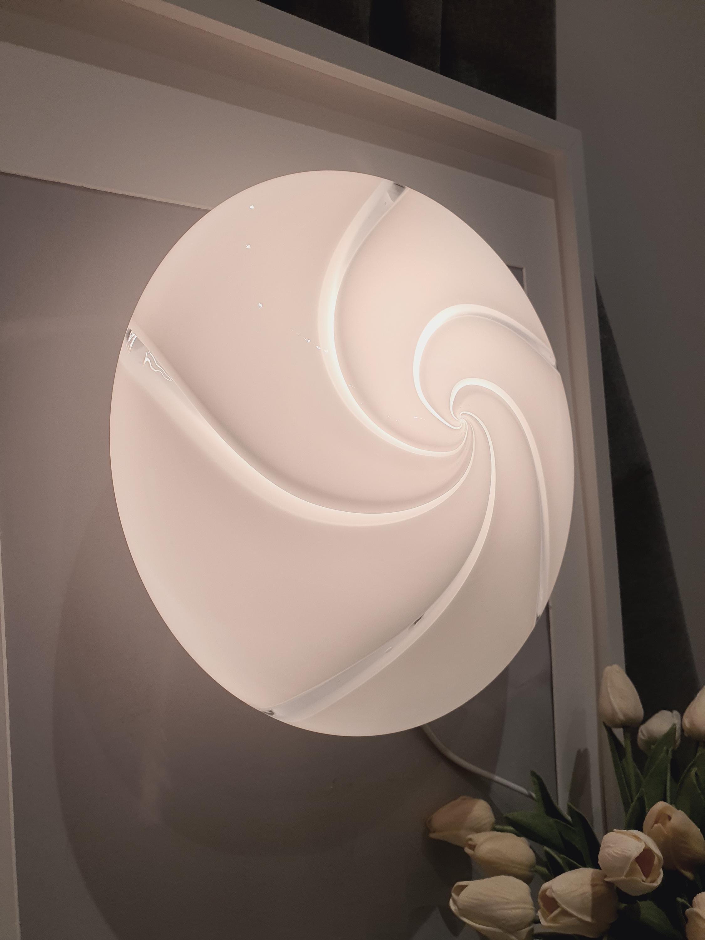 Vintage Murano Glass Flush Mount Light: White Swirl MCM Retro Lamp