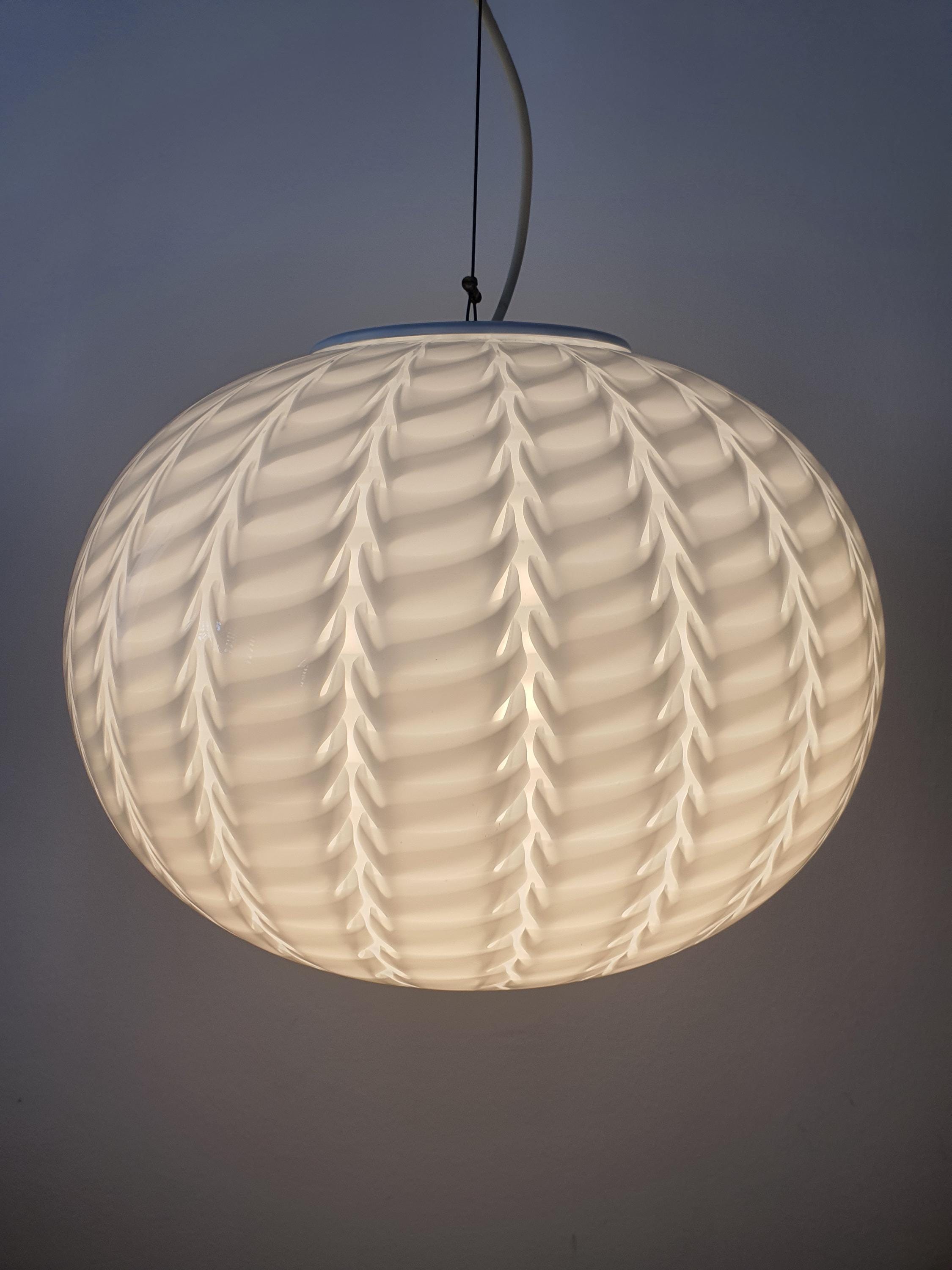 Murano Glass Globe Pendant Light: Handblown White Wave, Mid-Century Modern