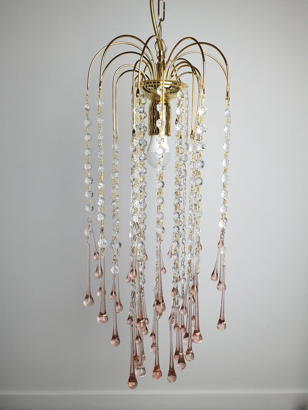 Vintage Murano Glass Chandelier | Double Pink Teardrops Hollywood Regency Cascade Light