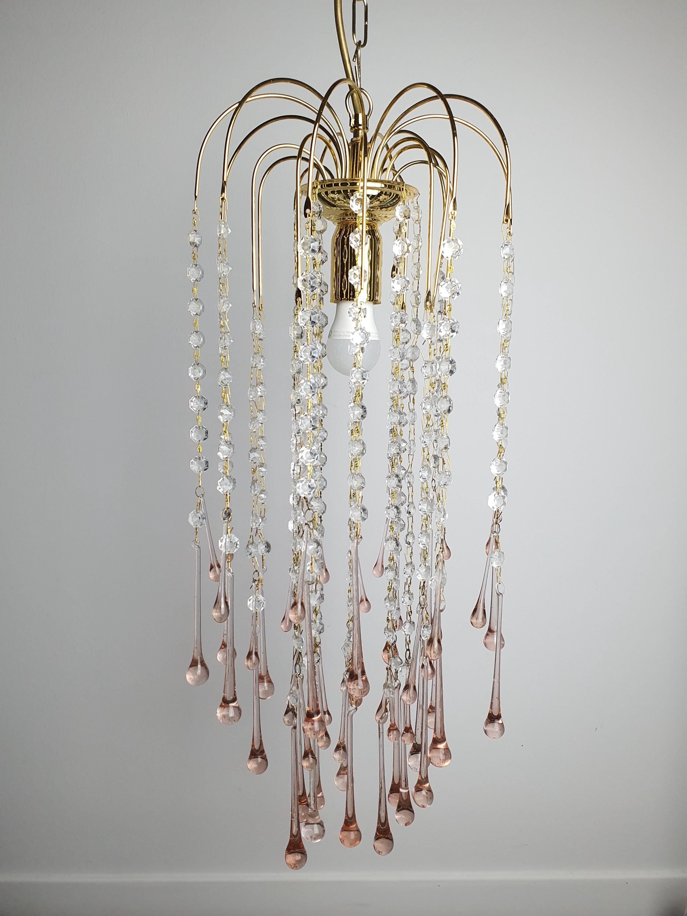 Vintage Murano Glass Chandelier | Double Pink Teardrops Hollywood Regency Cascade Light