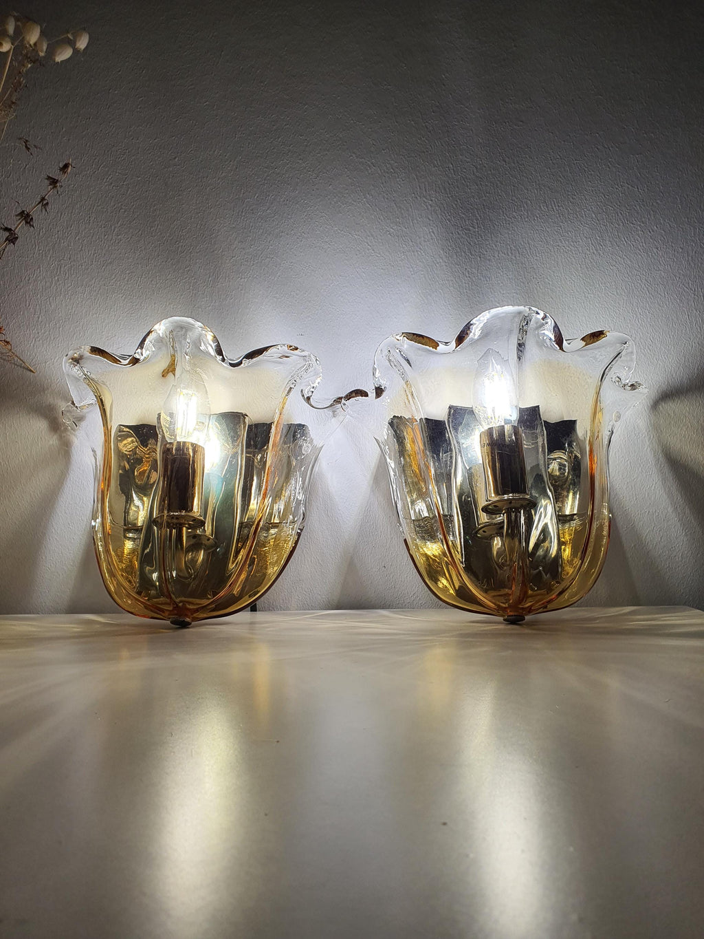 Pair of La Murrina Murano Glass Caramel Wall Sconces Clear Tulip Chrome