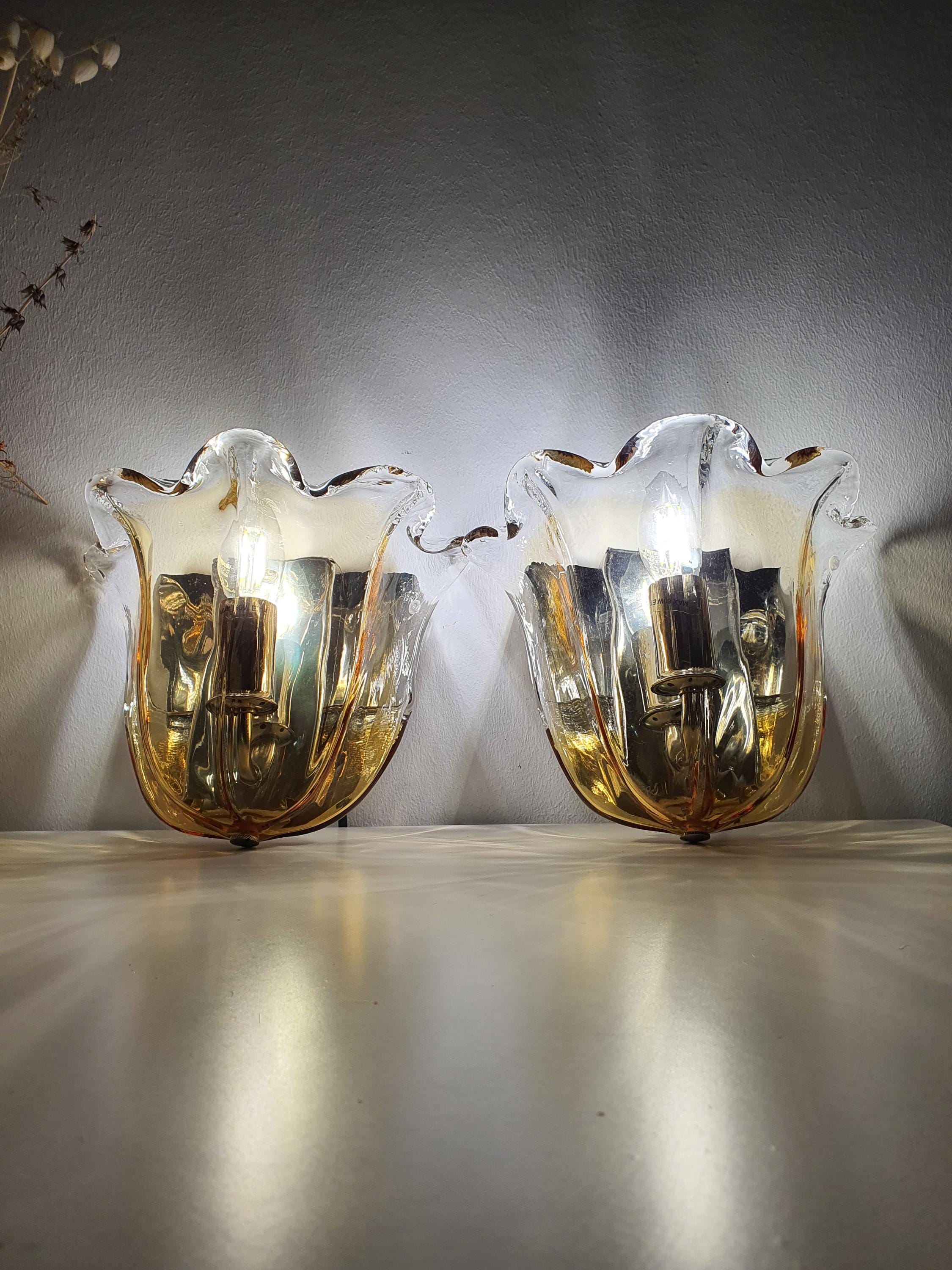 Pair of La Murrina Murano Glass Caramel Wall Sconces Clear Tulip Chrome
