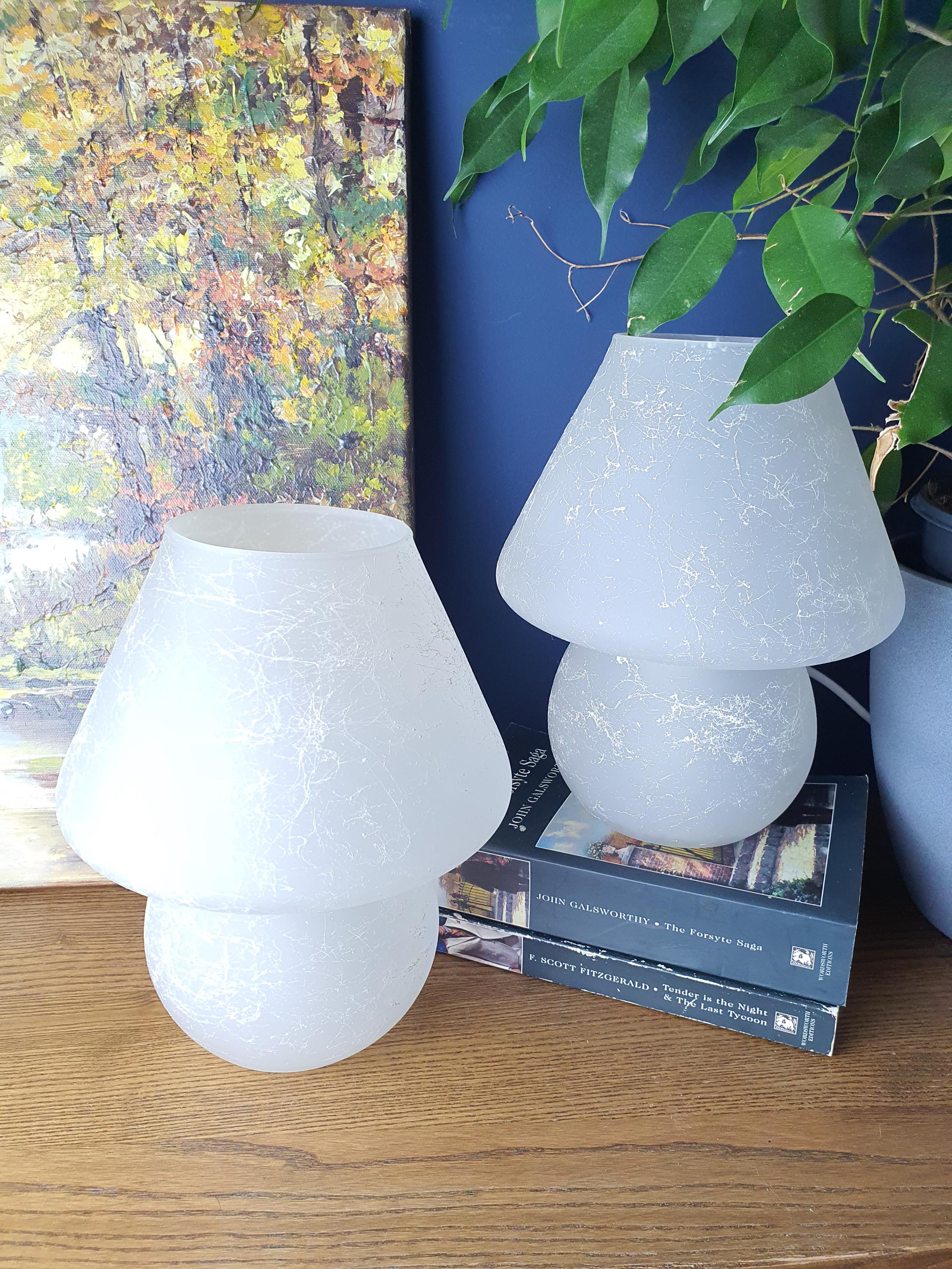 Pair of Vintage Satin Murano Glass Mushroom Lamps | Frosted Italian 1980s Bedside Lighting