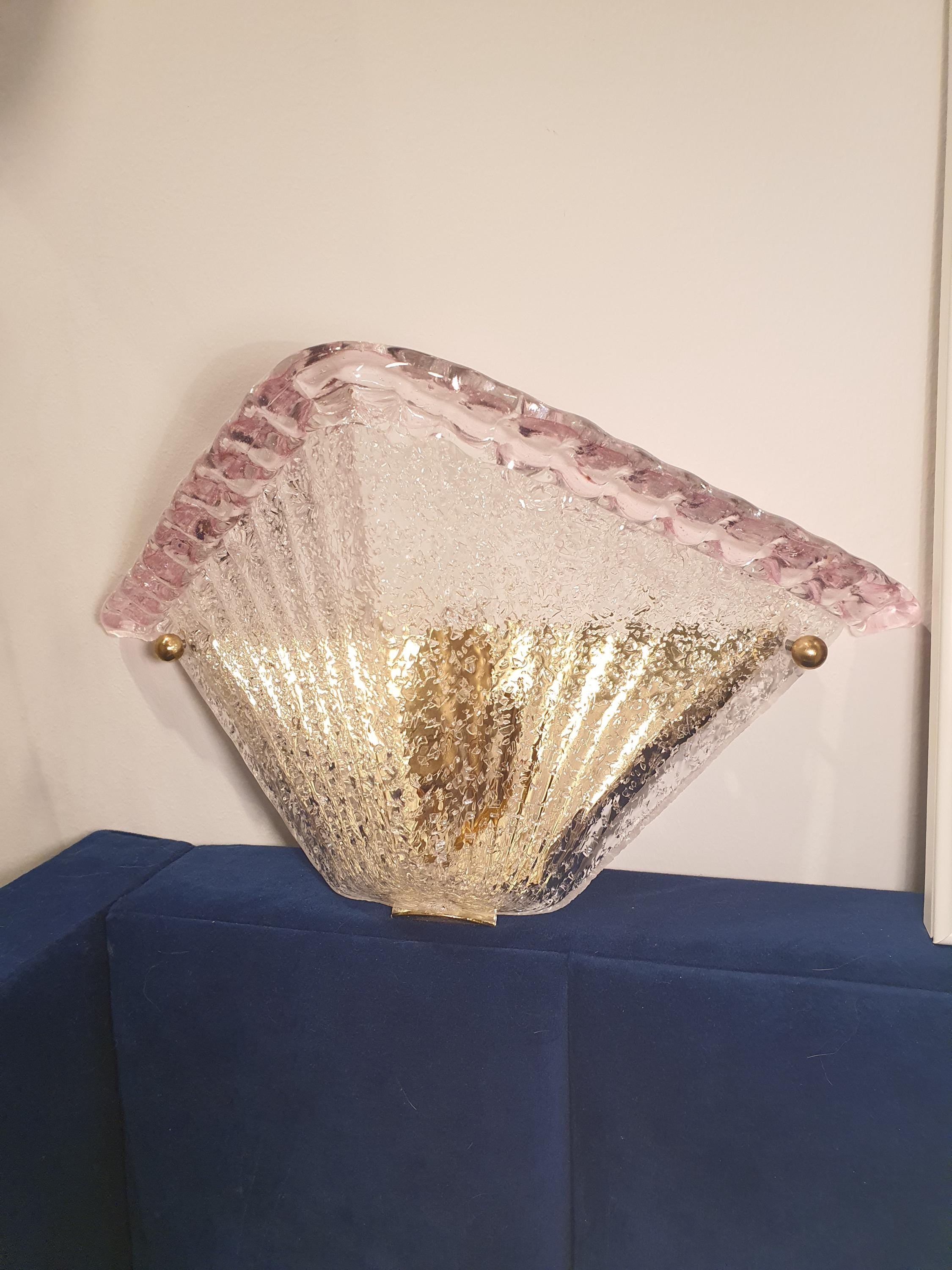 Vintage Murano Glass Sconces: Pink Transparent Triangle Art Deco Wall Lamps