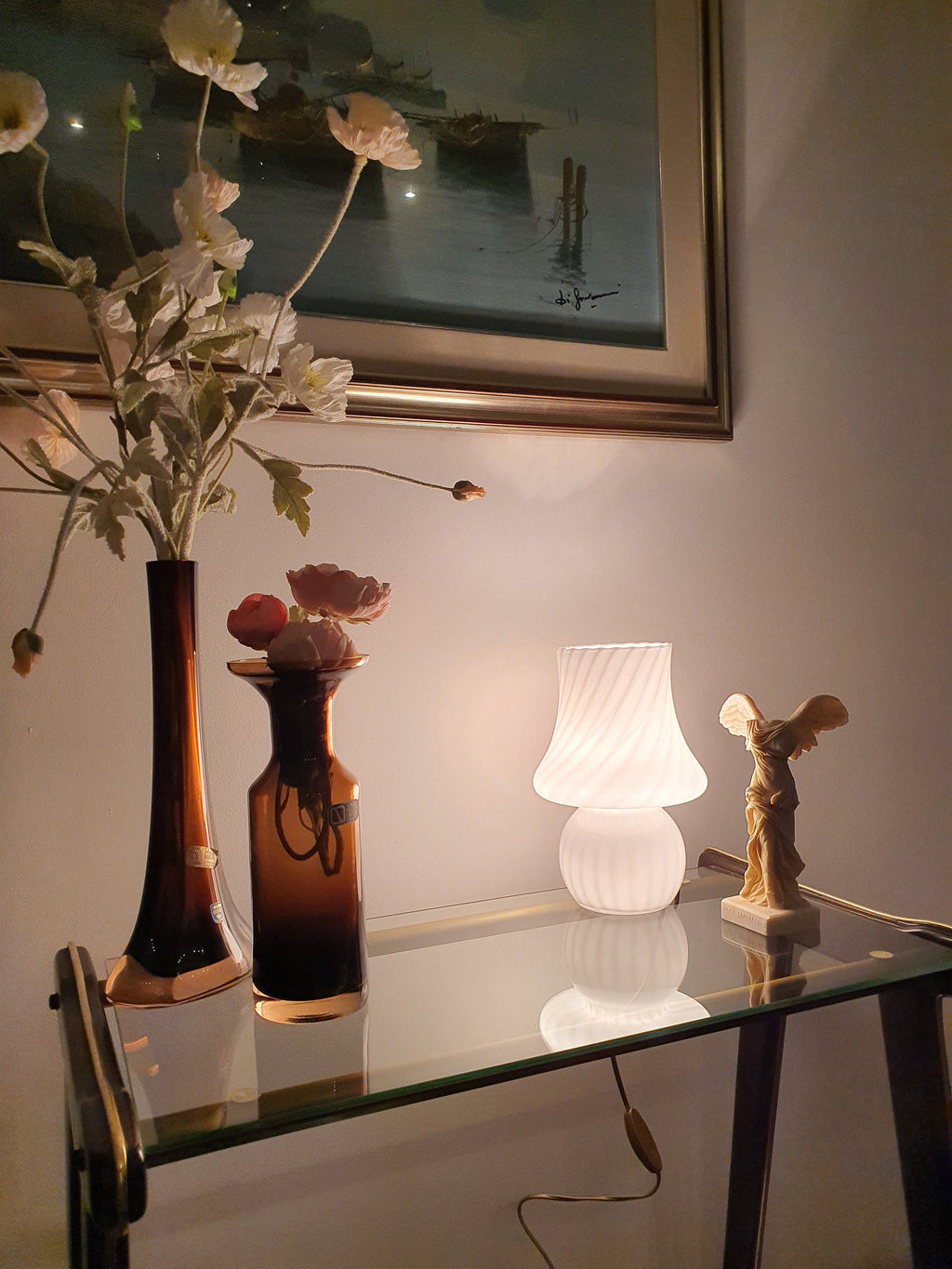 Vintage Murano Glass Mushroom Lamp | 1980s White Swirl Table Light | Nordic Mid-Century Modern Bedside Lamp