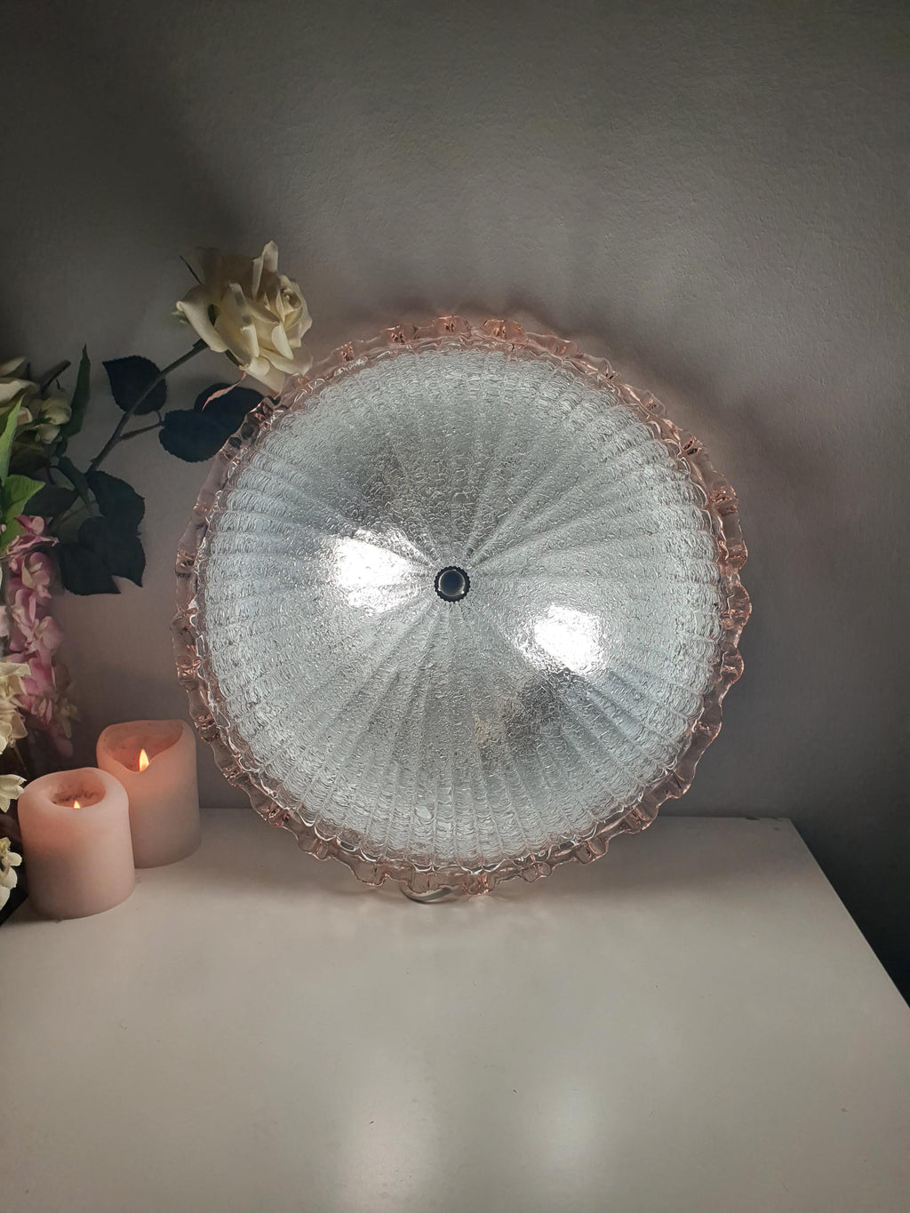 Vintage Murano floral flush mount from below, two E27 sockets, frosted shell relief glass, pink rim visible