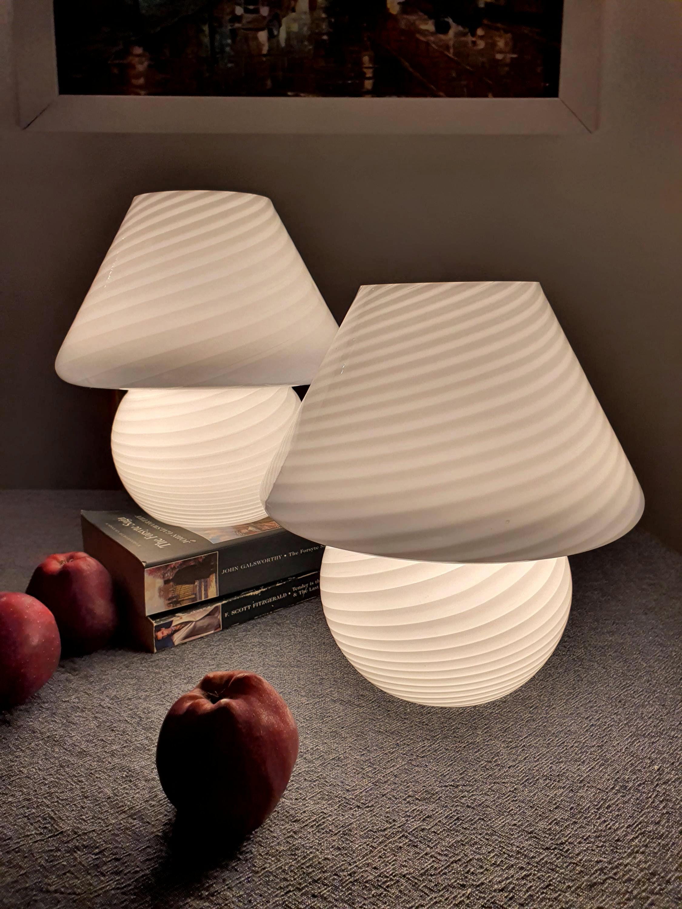 Pair vintage Murano glass white swirl mushroom bedside lamps
