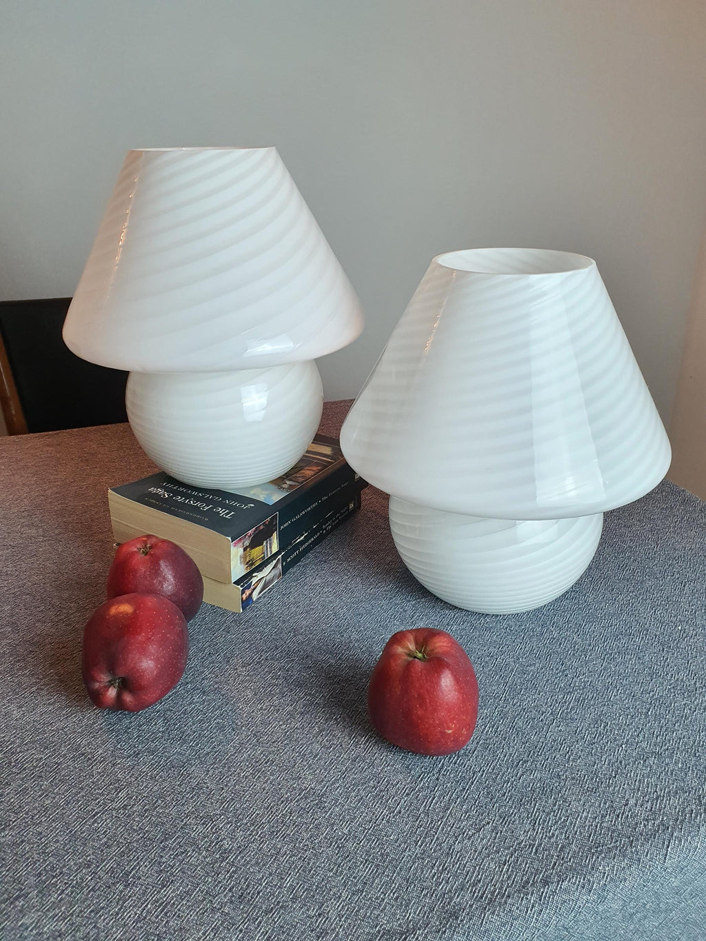 Pair of Vintage Murano Glass White Swirl Mushroom Bedside Lamps