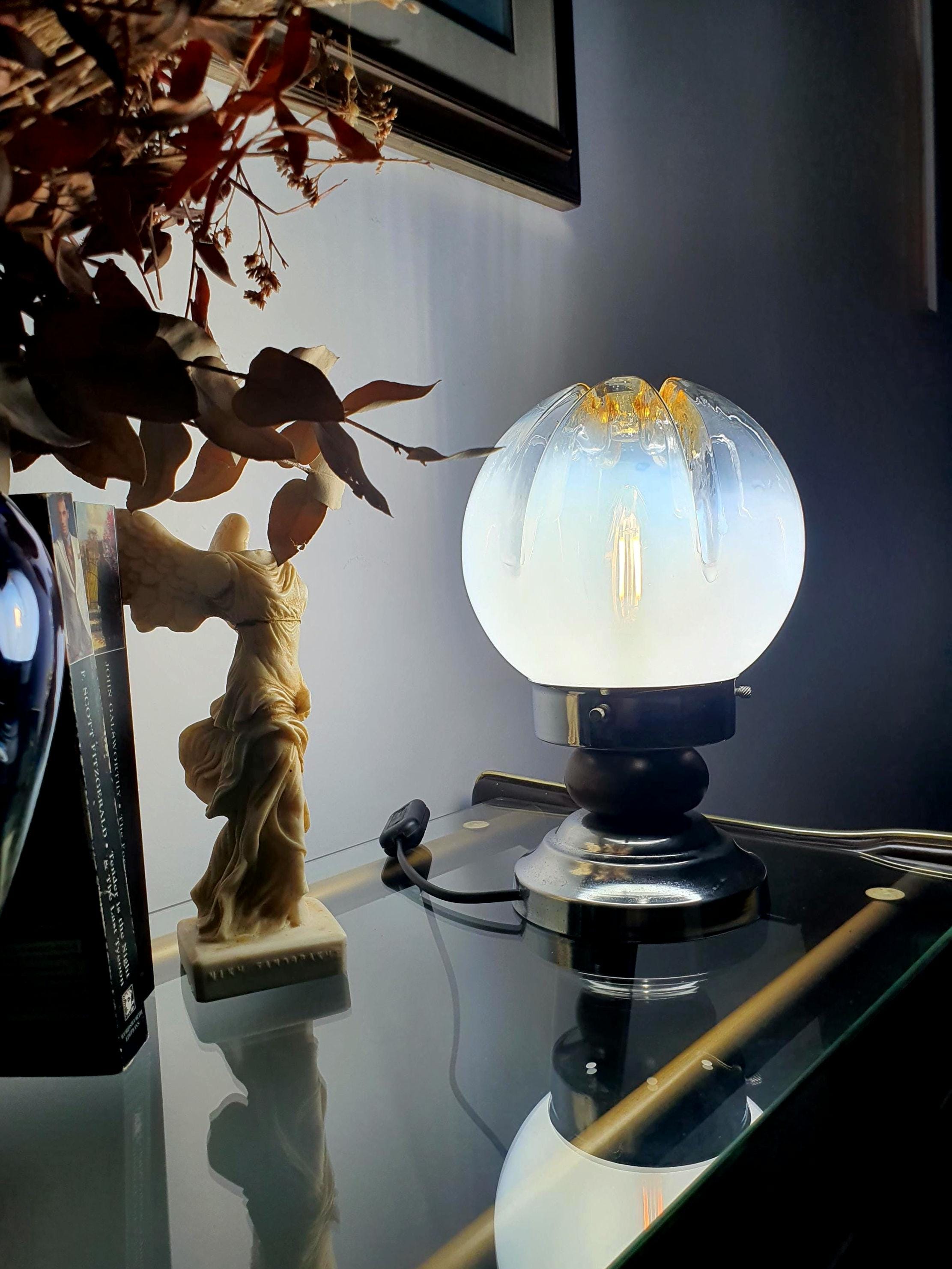 Vintage Mazzega Murano glass table lamp, white-to-clear gradient globe, amber crown accent, caramel drip relief, wood chrome base, Italy 1970s