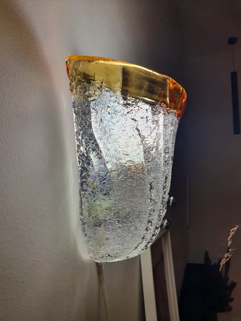 Vintage Murano Glass Floral Wall Sconce: Frosted Clear & Yellow, Italian Lighting