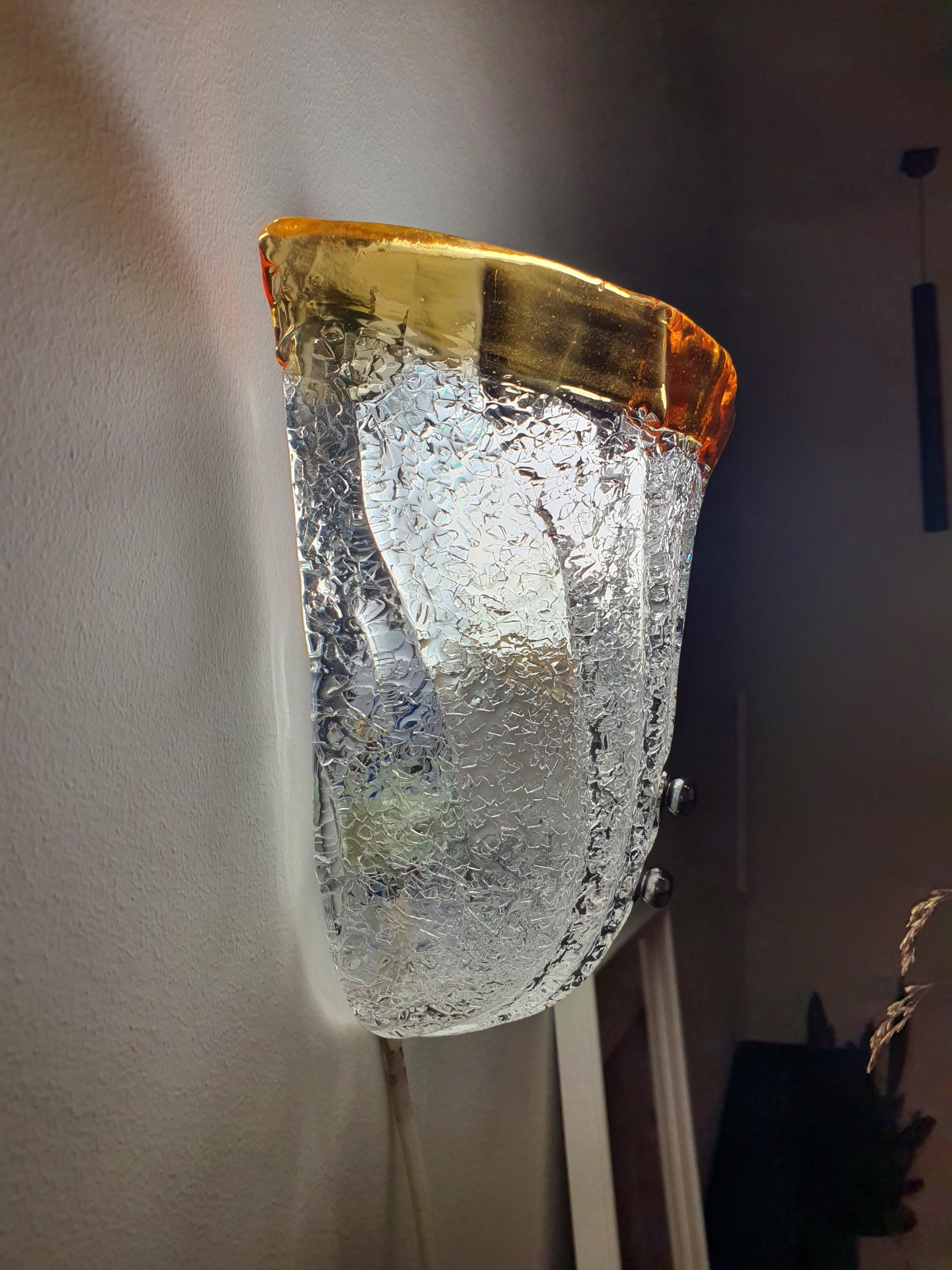 Vintage Murano Glass Floral Wall Sconce: Frosted Clear & Yellow, Italian Lighting